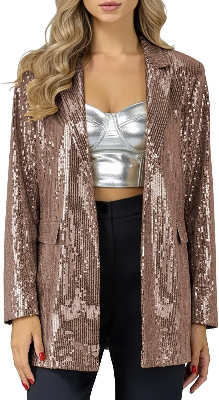 Women's Sequin Jackets Open Front Sparkly Blazer for Women Casual Party Shiny Long Sleeve Cardigan Coat