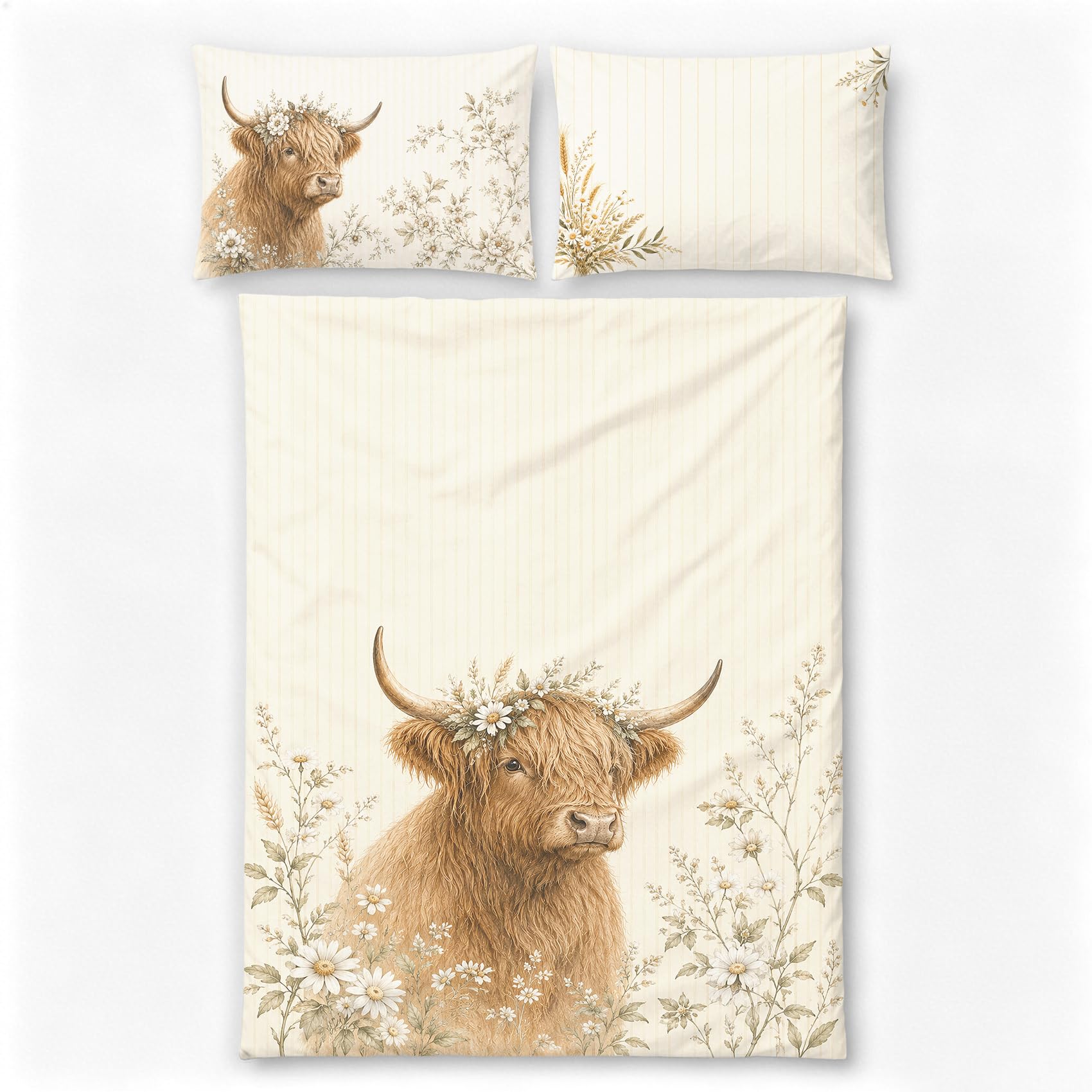 Highland Cow Double Duvet Cover Set, Heather Tartan Reversible Scottish Country Bedding, 200 x 200 cm with 2 Pillowcases 50 x 75 cm, Soft Microfibre, Insert Not Included