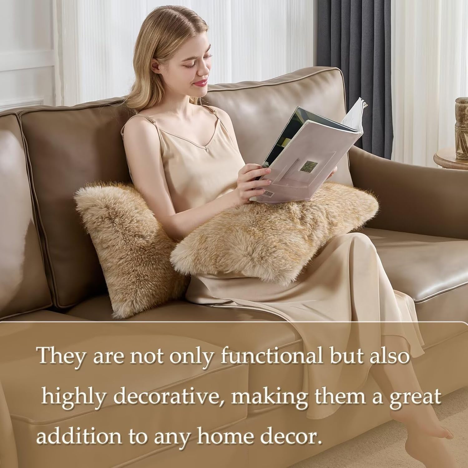Decorative Throw Pillow Cover 24x24 Inch Set of 2,Super Soft Luxury Fluffy Fox Golden with Brown Tipped Cushion Case for Couch Sofa Bedroom Living Room Cushion Covers-Fox Golden