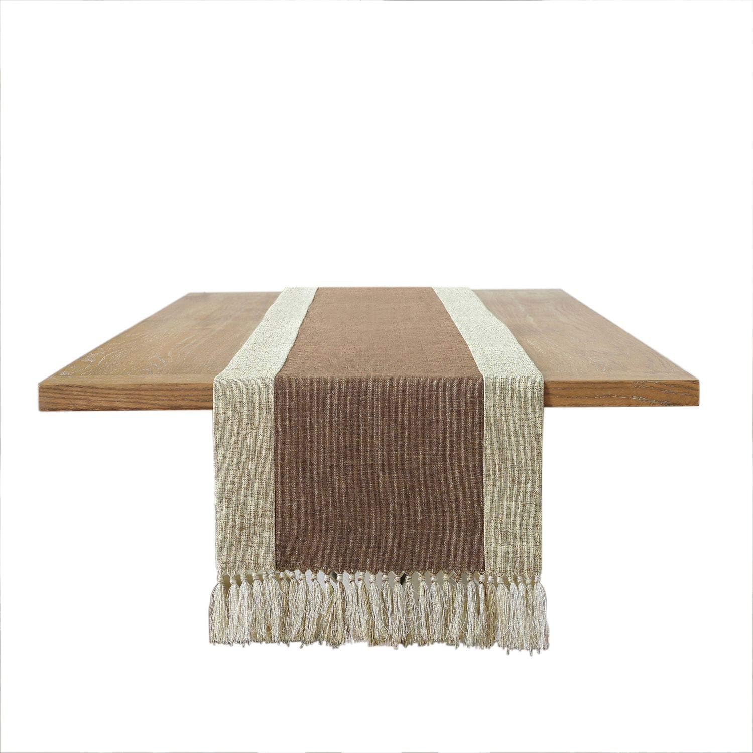 PHNAM Brown Table Runner with Tassels Long Linen Cotton
