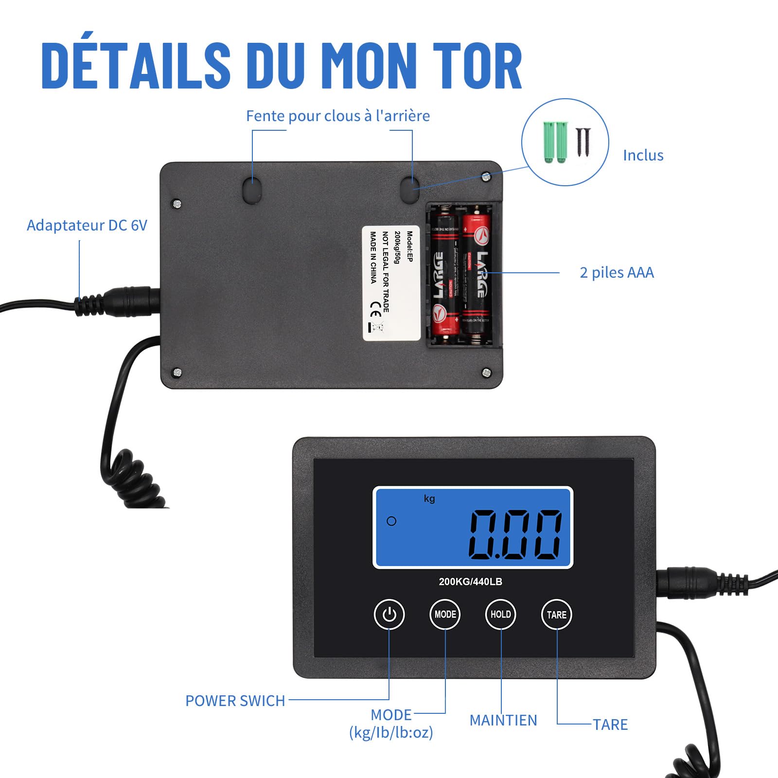 Balance Colis Numérique De 200kg/10g Avec Fonction Hold/Tare, Pese