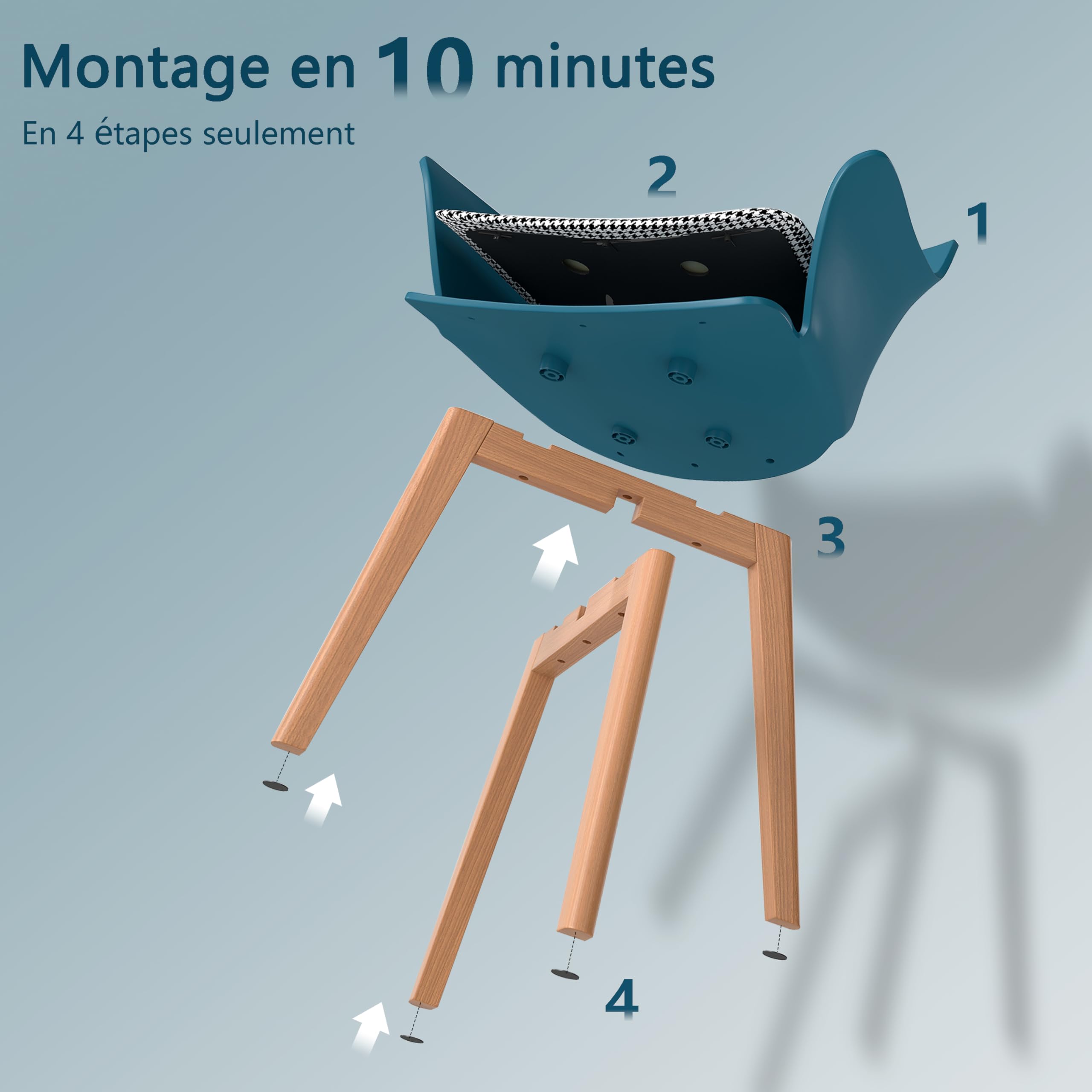 GrandCA HOME Lot de 4 Chaises de Cuisine Nordiques Chaise de Salle à Manger avec Pieds en Bois Massif, Chaises Rembourrées pour Chambre, Salon, Cuisine,Lac Bleu-N
