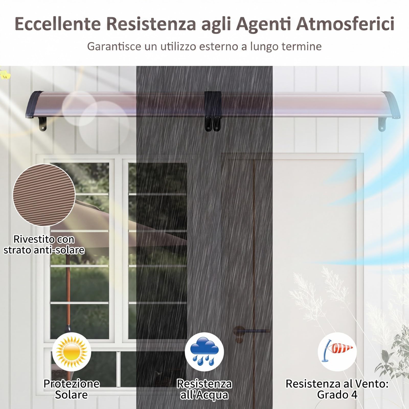 COSTWAY Pensilina Tettoia per Porta, Tettoia Parasole per Ingresso in Policarbonato, Robusta Barra di Fissaggio in Alluminio, Facile da Installare, per Finestra, Balcone, 100 x 75,5 x 23 cm (Marrone)