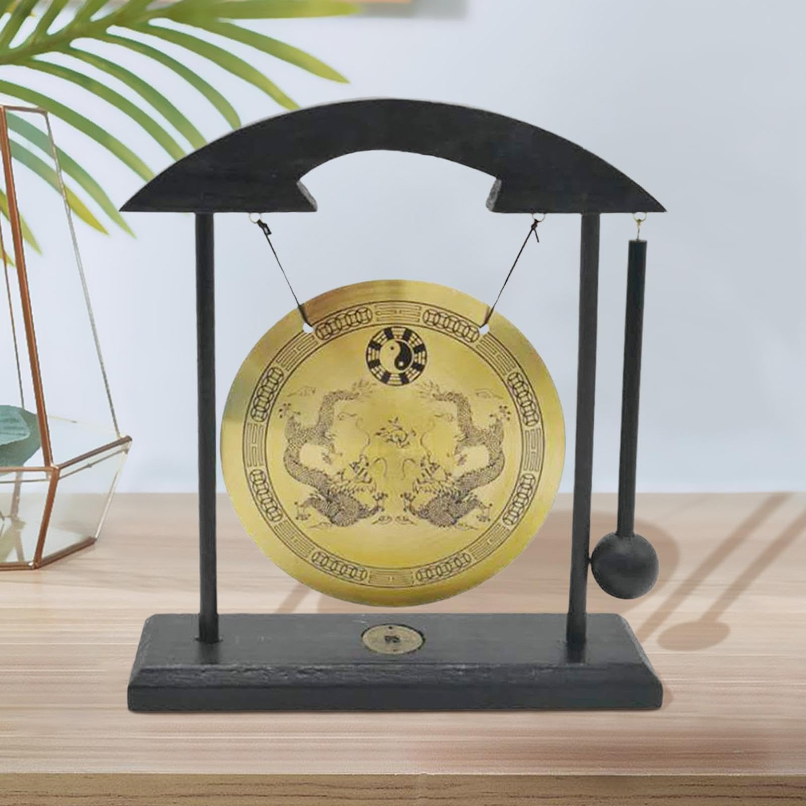 perfk Cuivre Gong Ornement Asiatique Gong Cloche Mini Carillons Éoliens En Laiton Feng Shui Bureau Gong Chinois Cuivre Gong avec Support pour Table Extérieu, Style b
