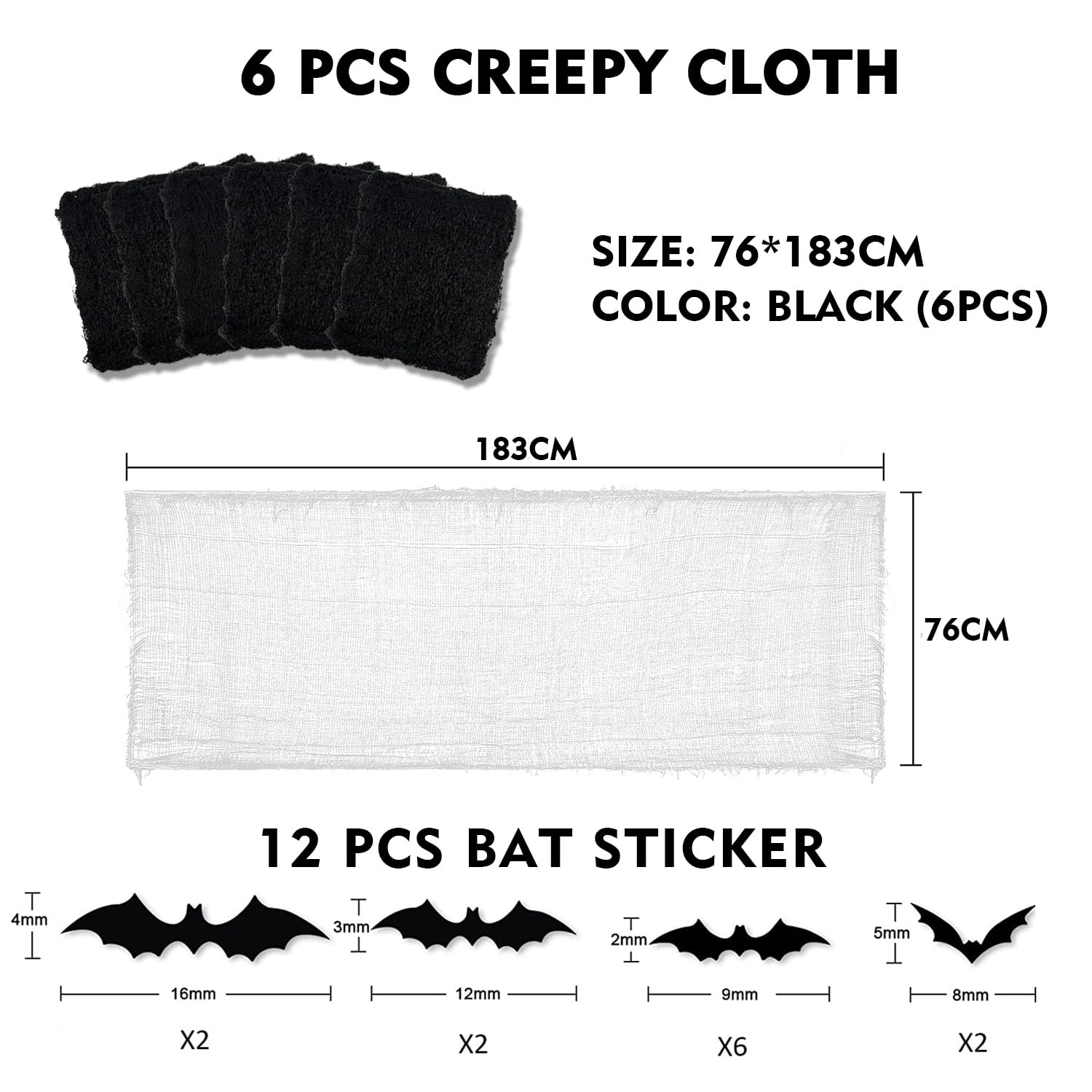 YuSaug Halloween Creepy Cloth, 6Pcs 30 x 72 Inch Scary Spooky Cloth Creepy Gauze with 12 bat Stickers - Image 2
