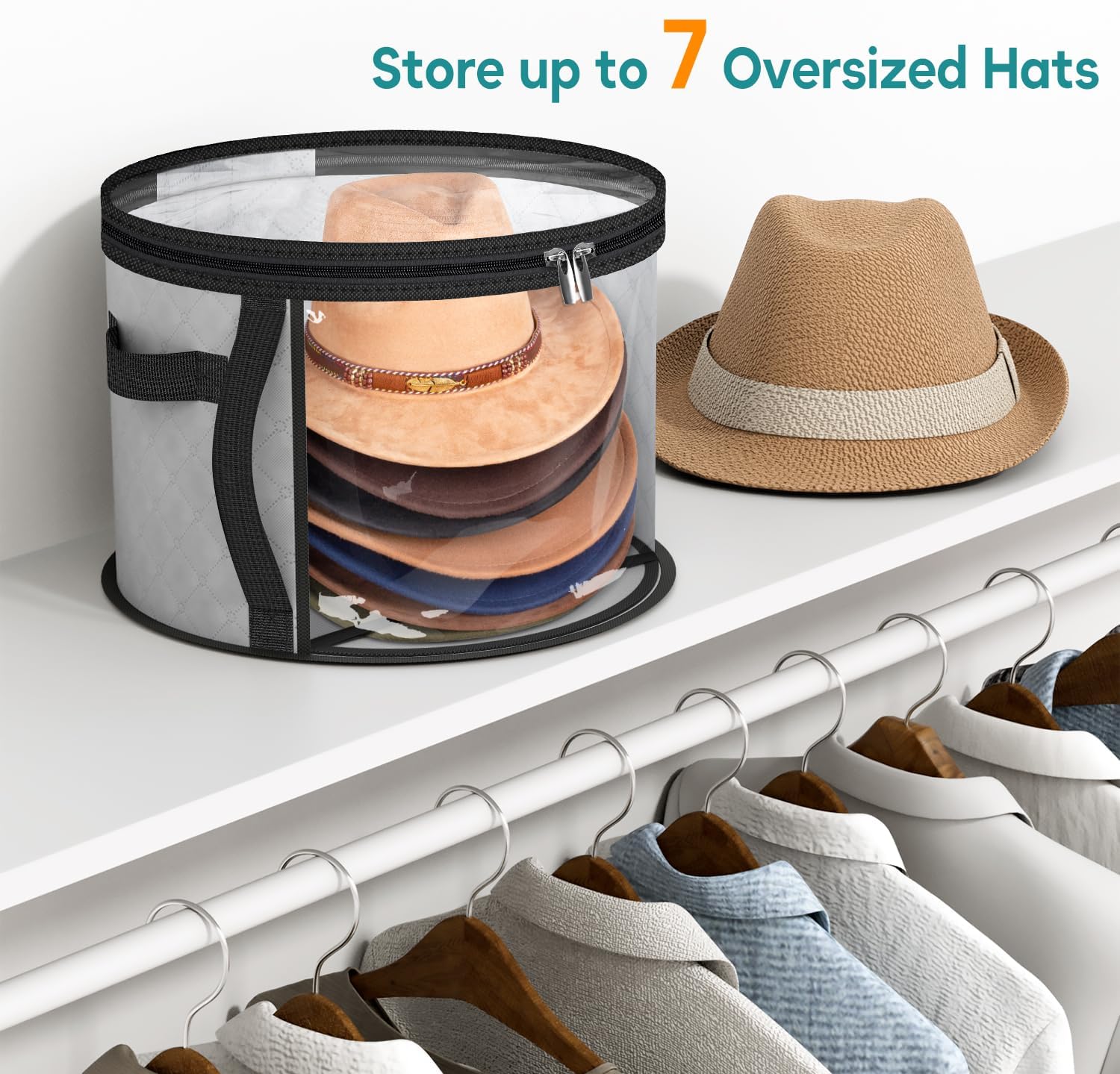 Portacappelli con Finestra Visiva per 7 Cappelli, Organizzatore Trasparente per Cappello da Cowboy, Cappelli da Donna & a Tesa Larga, Custodia Robusta per Armadio e Viaggio (2 Pezzi, Grigio)