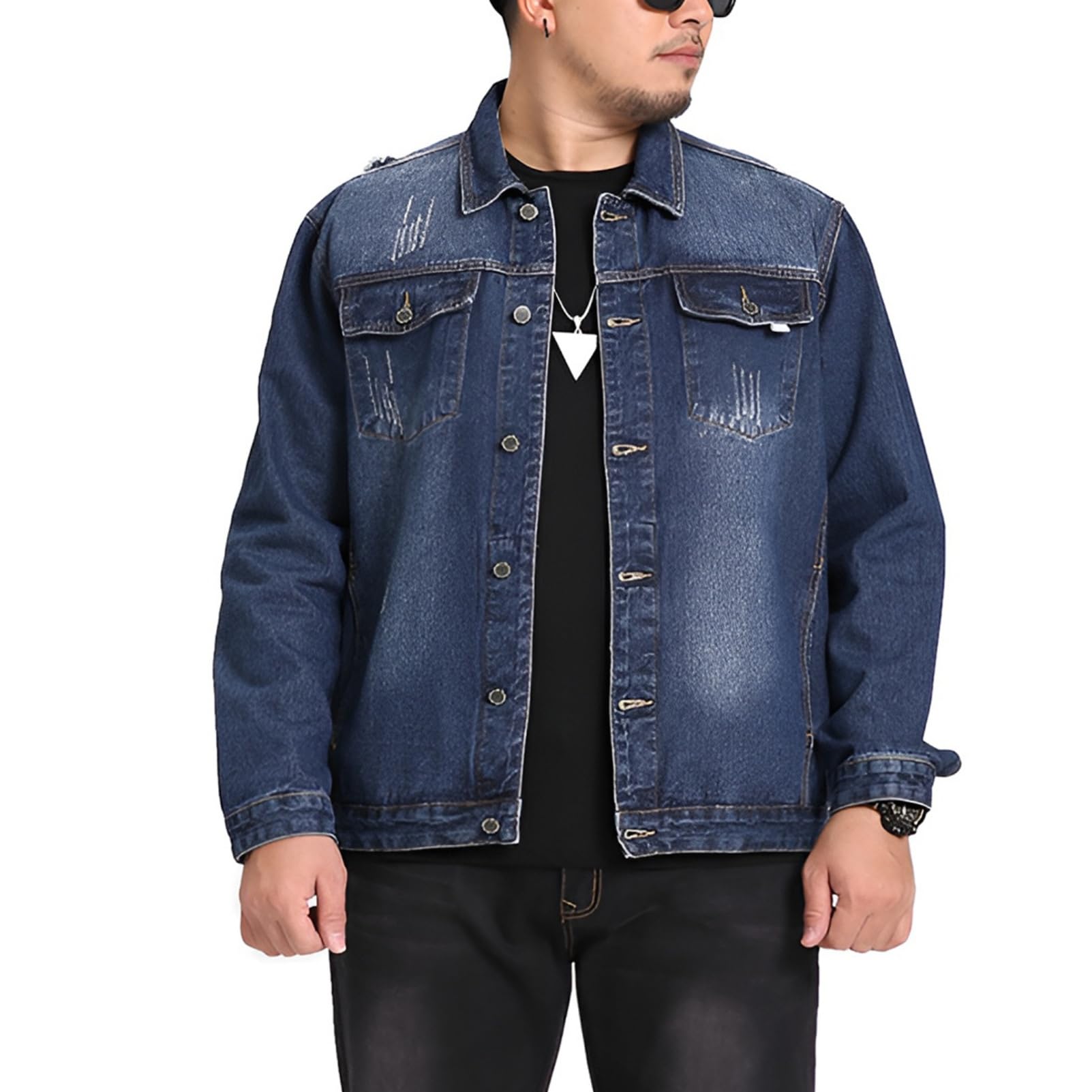 ANUFER Mannen Vintage Spijkerjasje Klassiek Western Trucker Jeans Jas Blauw SN070642 2XL