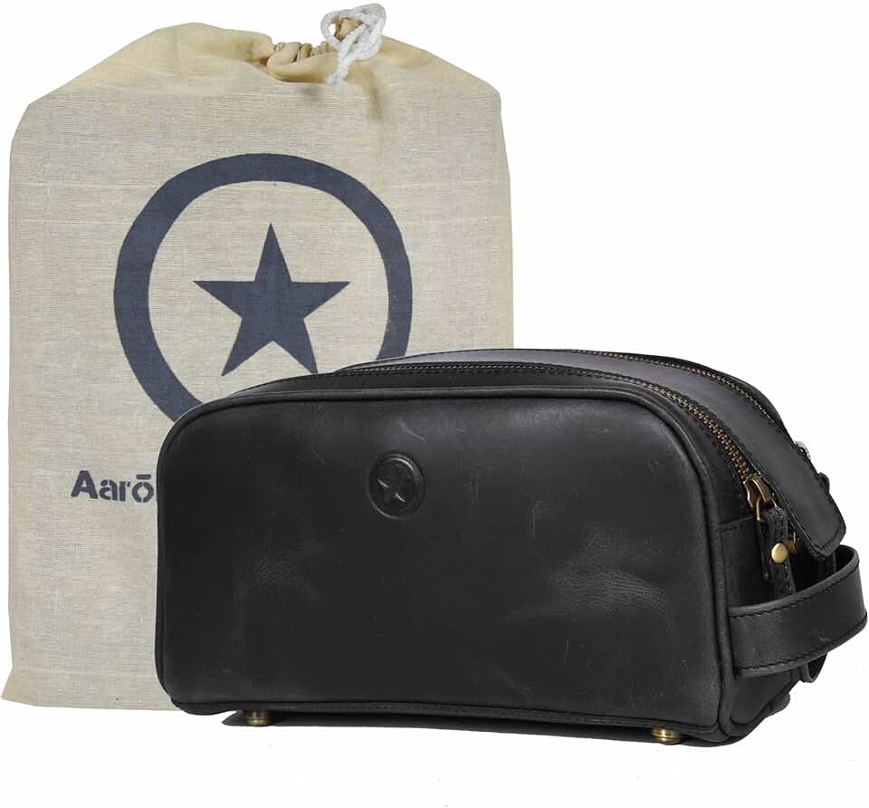 10" Premium Leather Toiletry Travel Pouch With Waterproof Lining Black Color | King-Size Handcrafted Vintage Shaving Kit By Aaron Leather Goods (Florida Black)