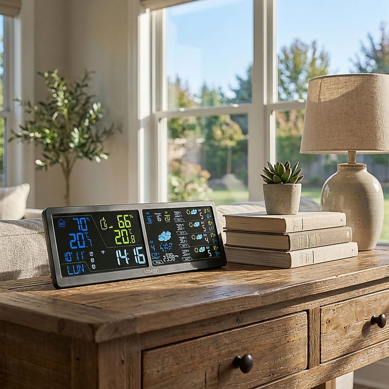 ideoon WLAN Wetterstation mit App & XXL Display: Tuya Smart Home, Aussen-Sensor, Weck-Alarm - Temperatur, Feuchtigkeit, UV Index, Wettervorhersage & mehr