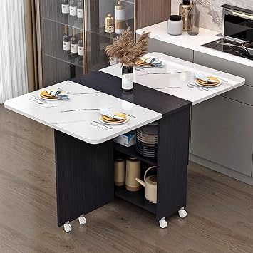 Extendable Drop Leaf Folding Dining Table with 2-Layer Storage,Folding Table Drop Leaf Dining Table with Wheels, Multifunction Expandable Table for Kitchen,Bedroom(White)