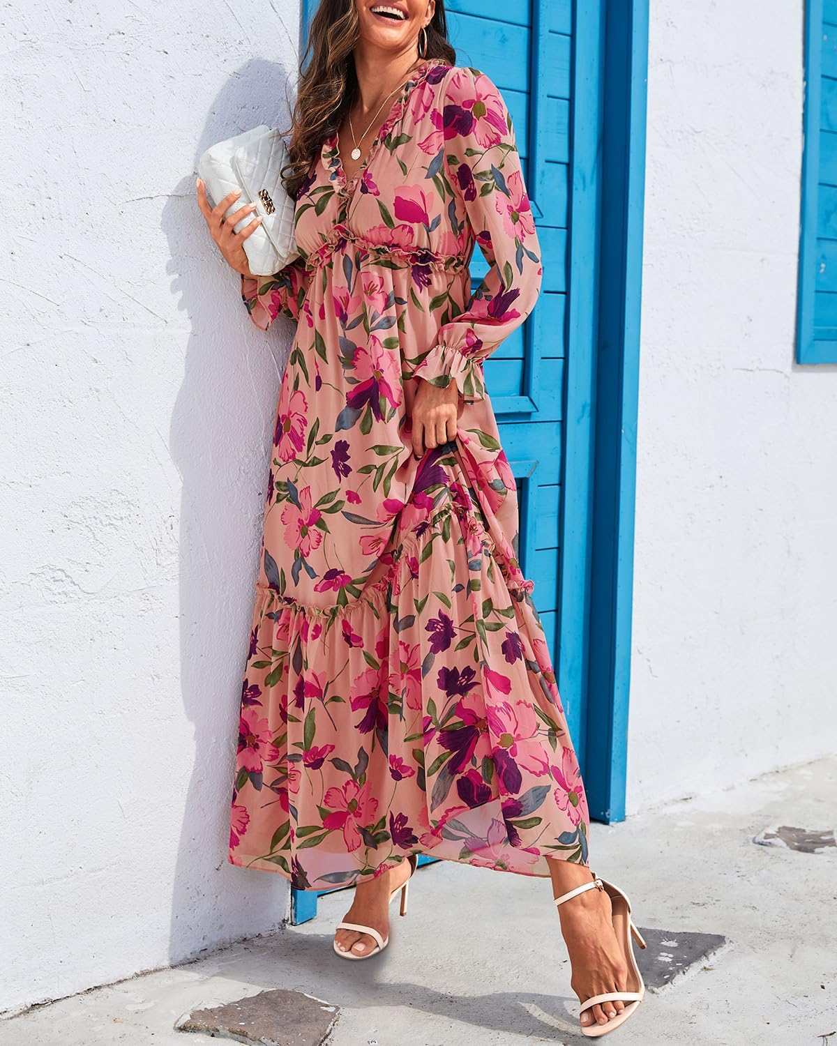 Women Fall Dress Long Sleeve - Chiffon Casual Maxi Long Flowy Boho V Neck Dresses - Image 3
