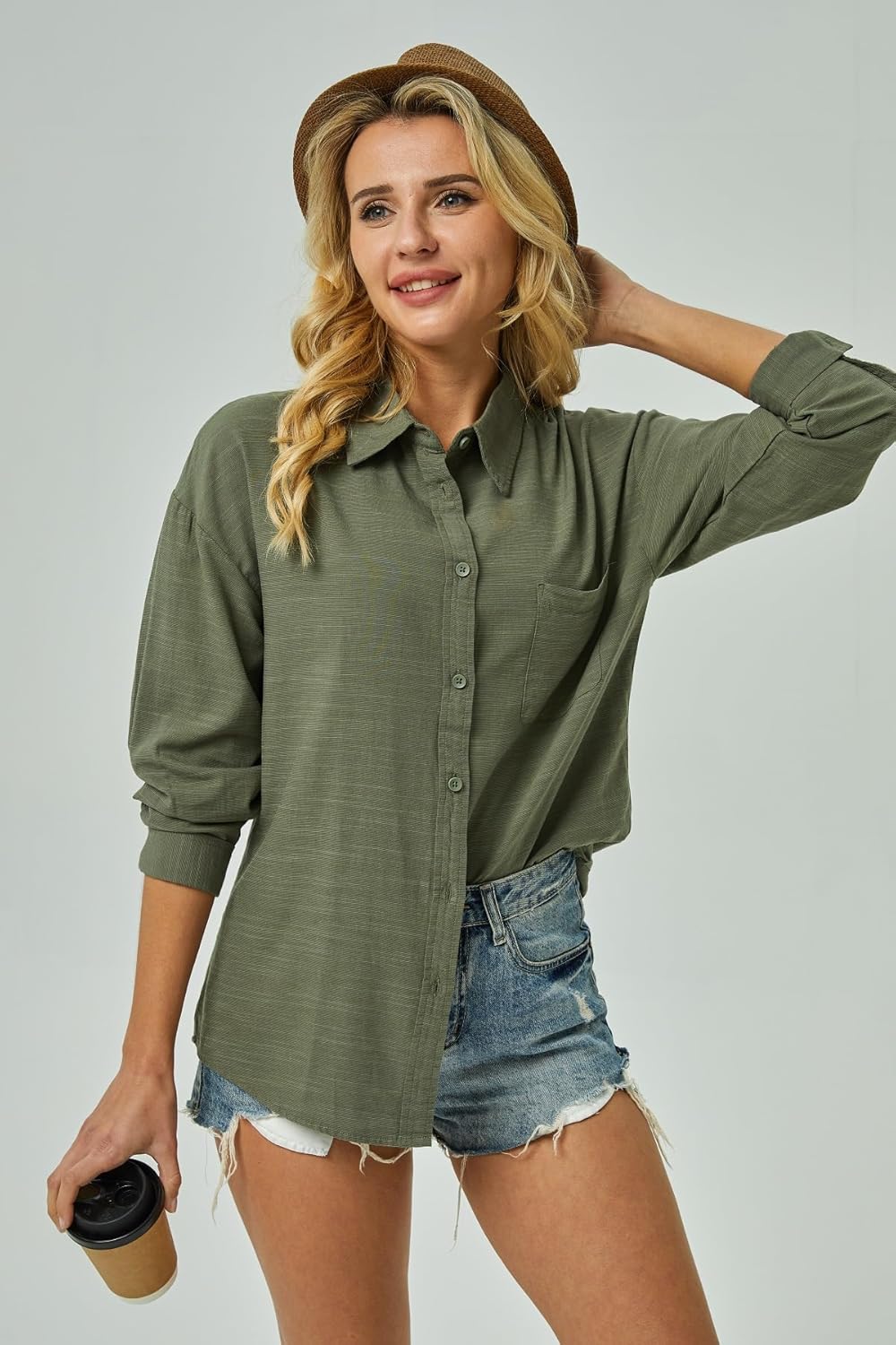 Womens Button Down Shirts Cotton Linen Long Sleeve Dress Shirts Casual Summer Tops Work Blouses with Pockets - Image 4