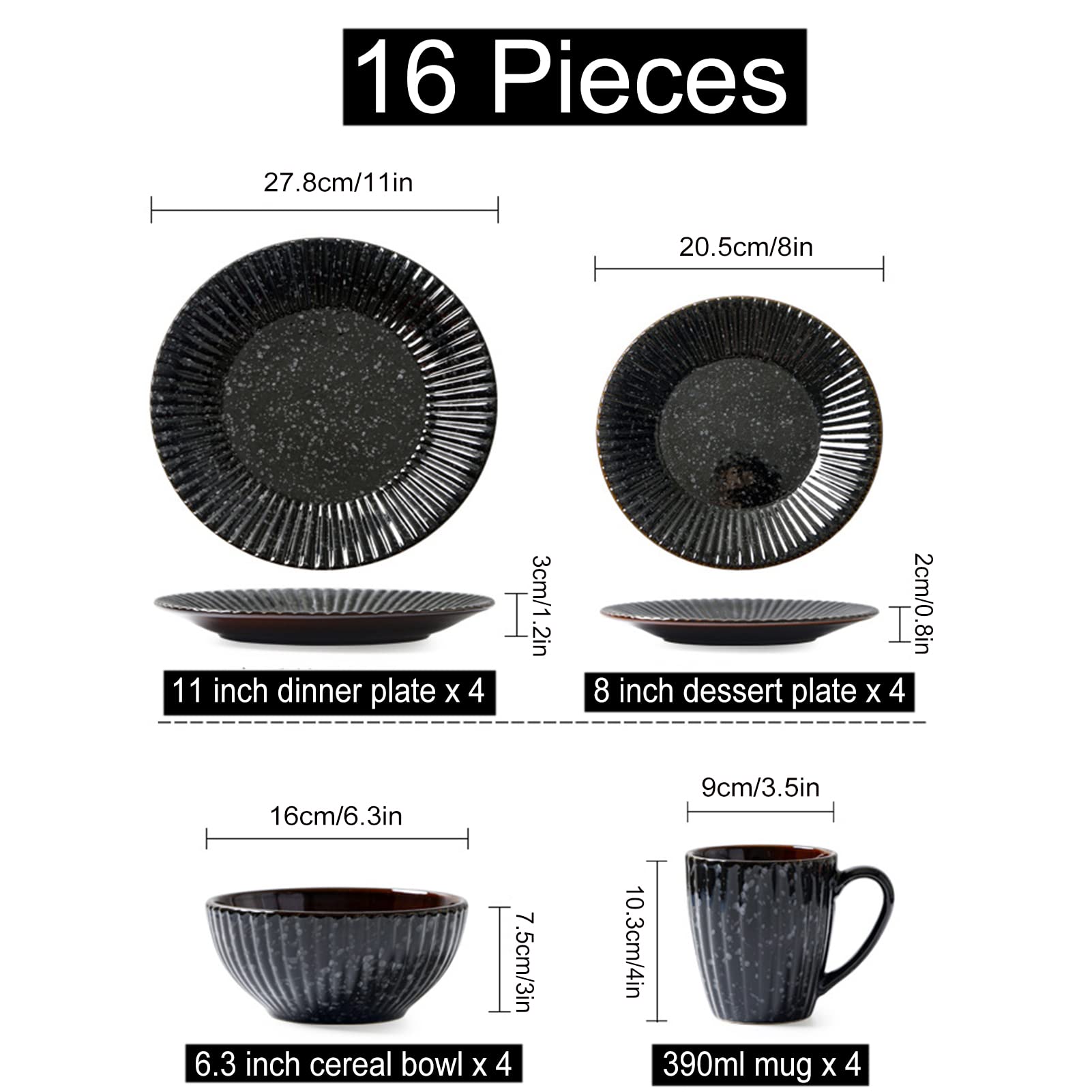 16-częściowy porcelanowy zestaw naczyń dla 4 osób, zestaw naczyń z talerzami obiadowymi, talerzami deserowymi, salaterkami i kubkami, nadaje się do kuchenki mikrofalowej i zmywarki