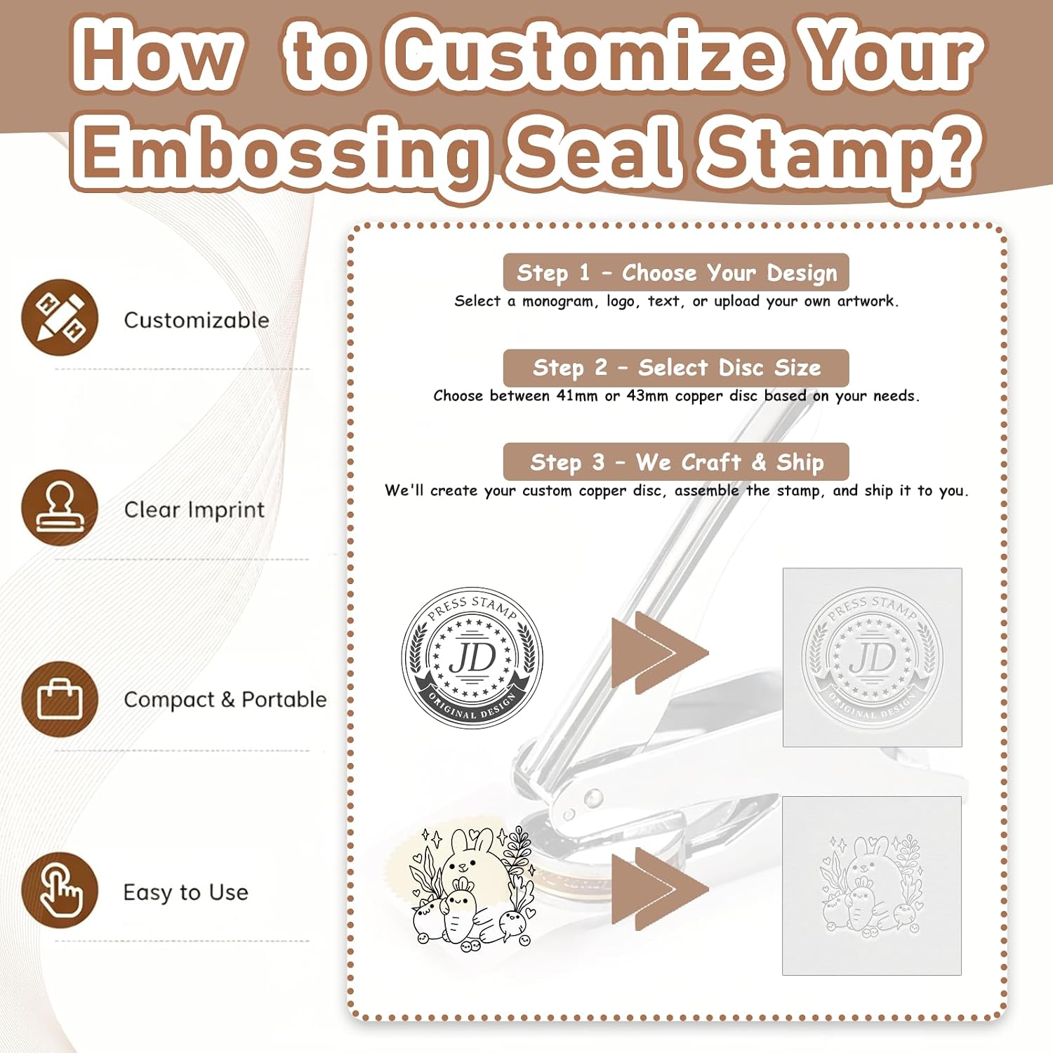 Custom Embossed Seal Stamp, Handheld Embosser with Case | Custom embossed seal stamp with steel body, brass disc, 10 colors and case for cards, envelopes and documents.