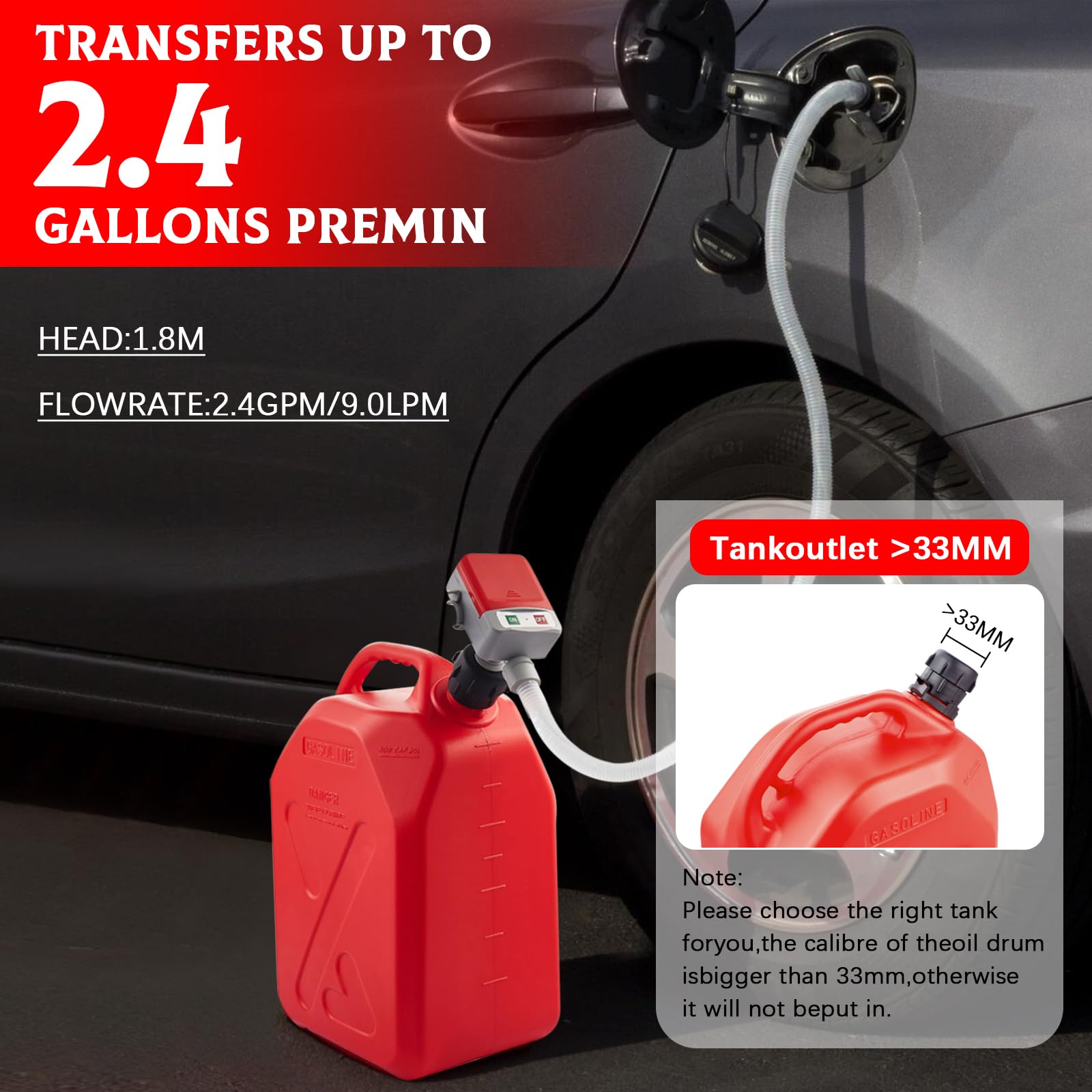 Pompa di Trasferimento del Carburante 12V con Sensore di Arresto Automatico(2,4GPM), Pompa Travaso a Batteria Gasolio Elettrica, Pompa Travaso Liquidi con 1,8M Tubo e Adattatore di 4 Dimensioni