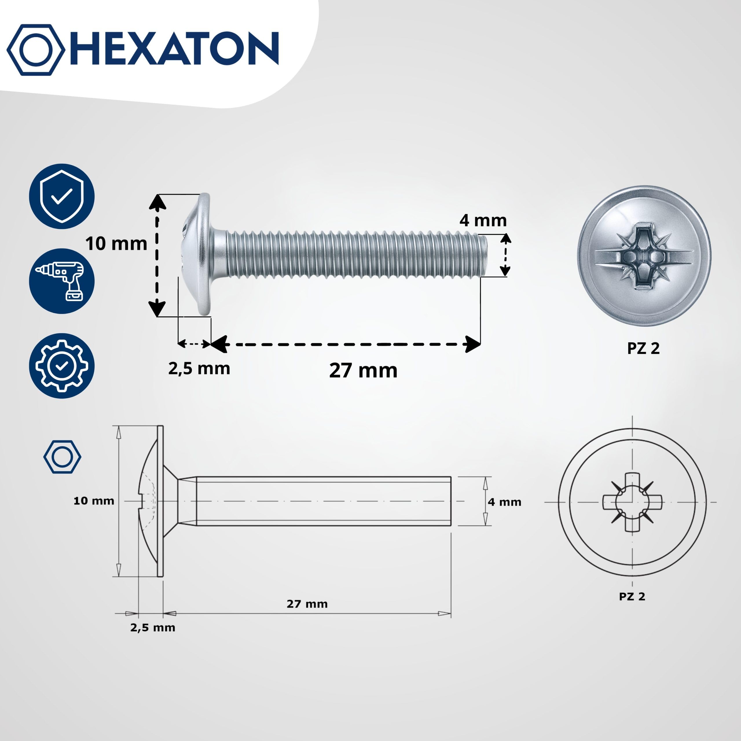 HEXATON Tornillos Métricos con Cabeza Redonda Pozidriv M4 x 27 mm – 100 Piezas – DIN 967 – Acero Galvanizado – Rosca Completa