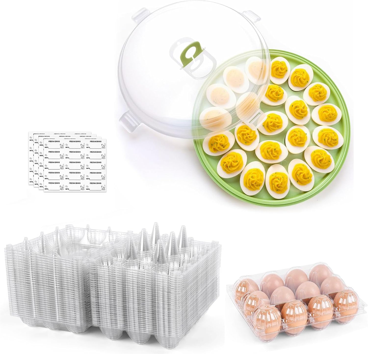 HANSGO 22-Slot Green Deviled Egg Carrier with Lid and 60-Pack 12-Count Clear Egg Cartons with Date Labels for Parties, Farm Use, Markets, and Refrigerator Storage