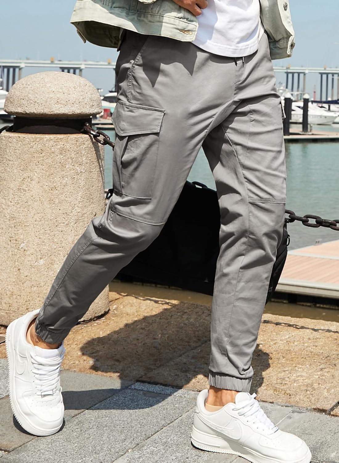 JMIERR Mens Fashion Cargo Pants - Casual Cotton Tapered Stretch Twill Drawstring Athletic Joggers Sweatpants with 6 Pockets