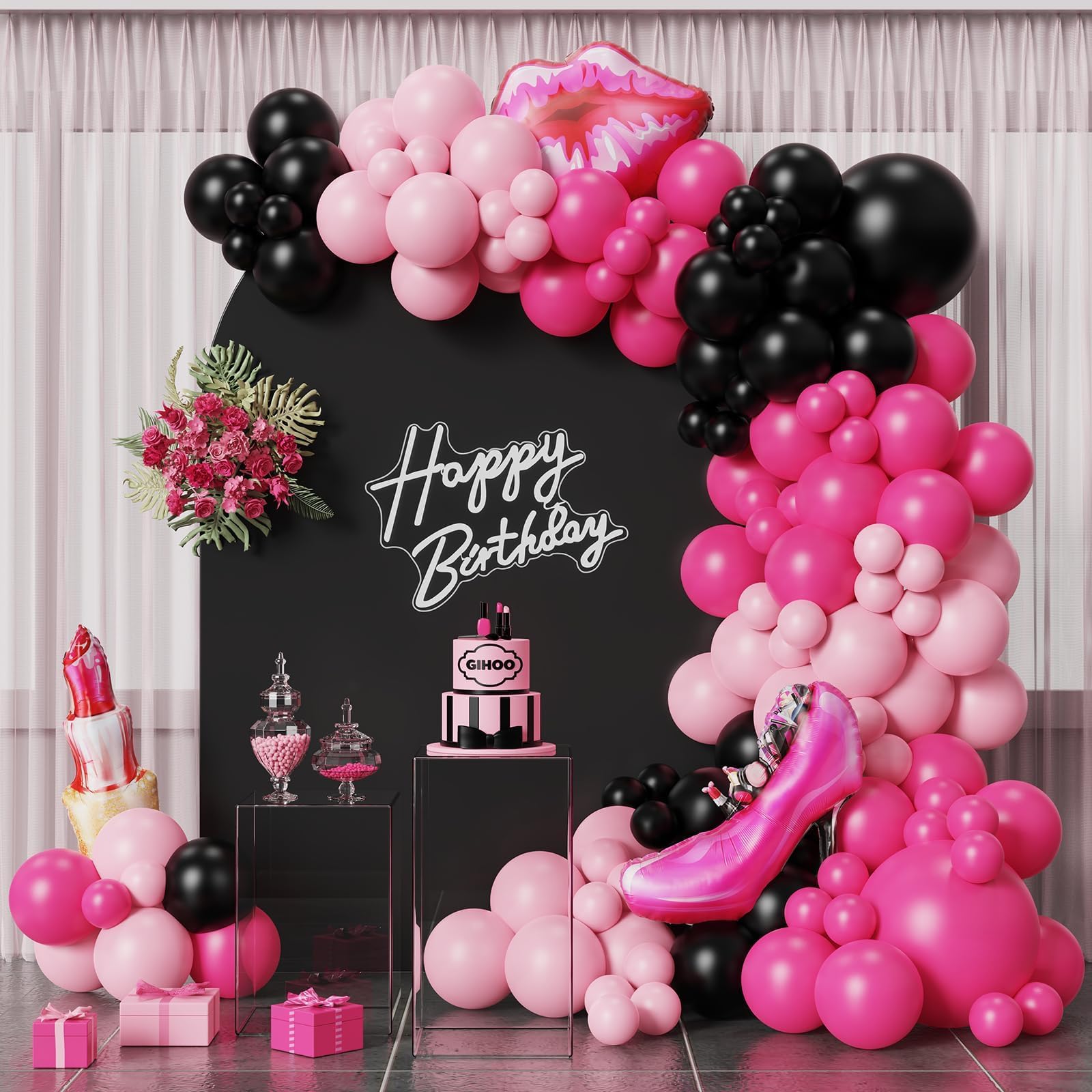 Makeup Balloon Garland Arch Kit 135PCS Hot Pink and Black Latex Balloons with Lipstick and High Heels Foil Balloon for Pink Girl Spa Day Themed Bridal