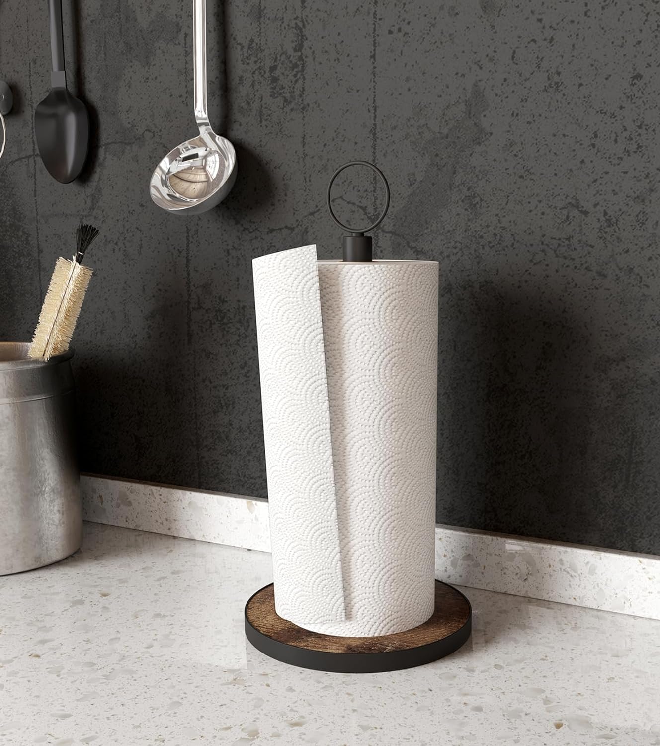 FuxFuis Portarotolo da Cucina Moderno, Supporto per Rotolo con Base Antiscivolo, Portarotolo in Legno di Acacia, Grande Porta Rotolo di Carta in Piedi per Tavolo da Pranzo e Piano di Lavoro, 31x18cm