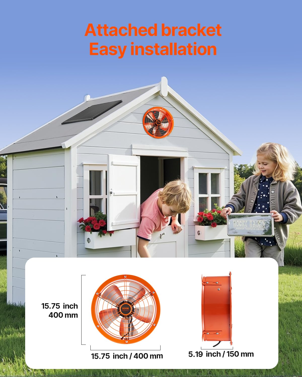 VEVOR Ventilador de Montaje a Dos Aguas, Extractor de Aire Solar con Termostato Ajustable y Malla Exterior, 1300 CFM, Ventilación Silenciosa para Techo, Garaje, Tienda, Naranja, Φ 400 x 150 mm