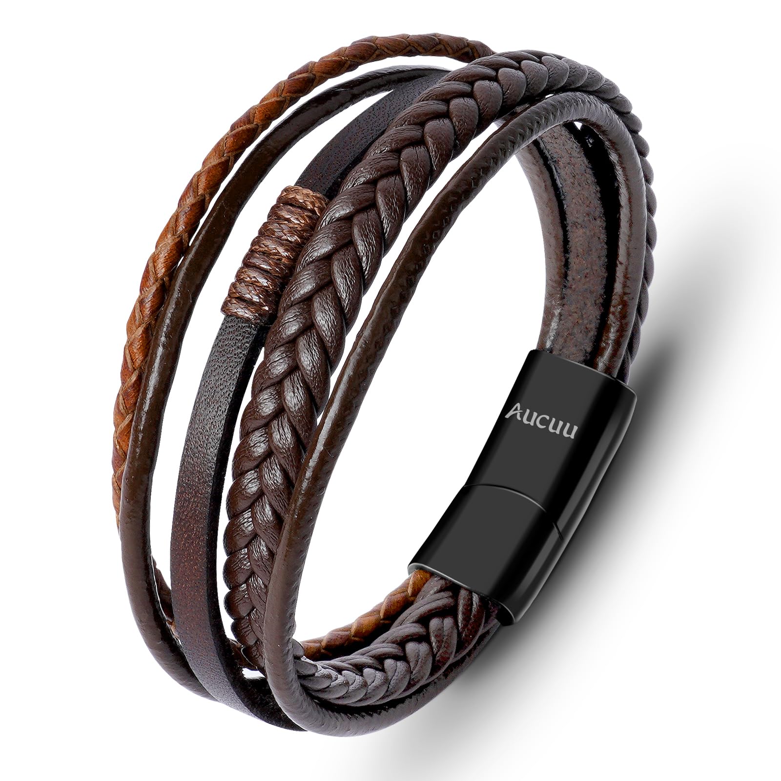Aucuu Pulsera de Cuero Trenzado para Hombre, Pulsera de Cuero Premium con Cierre Magnético de Acero Inoxidable, Pulseras para Niños, Regalo de Cumpleaños para Hombres
