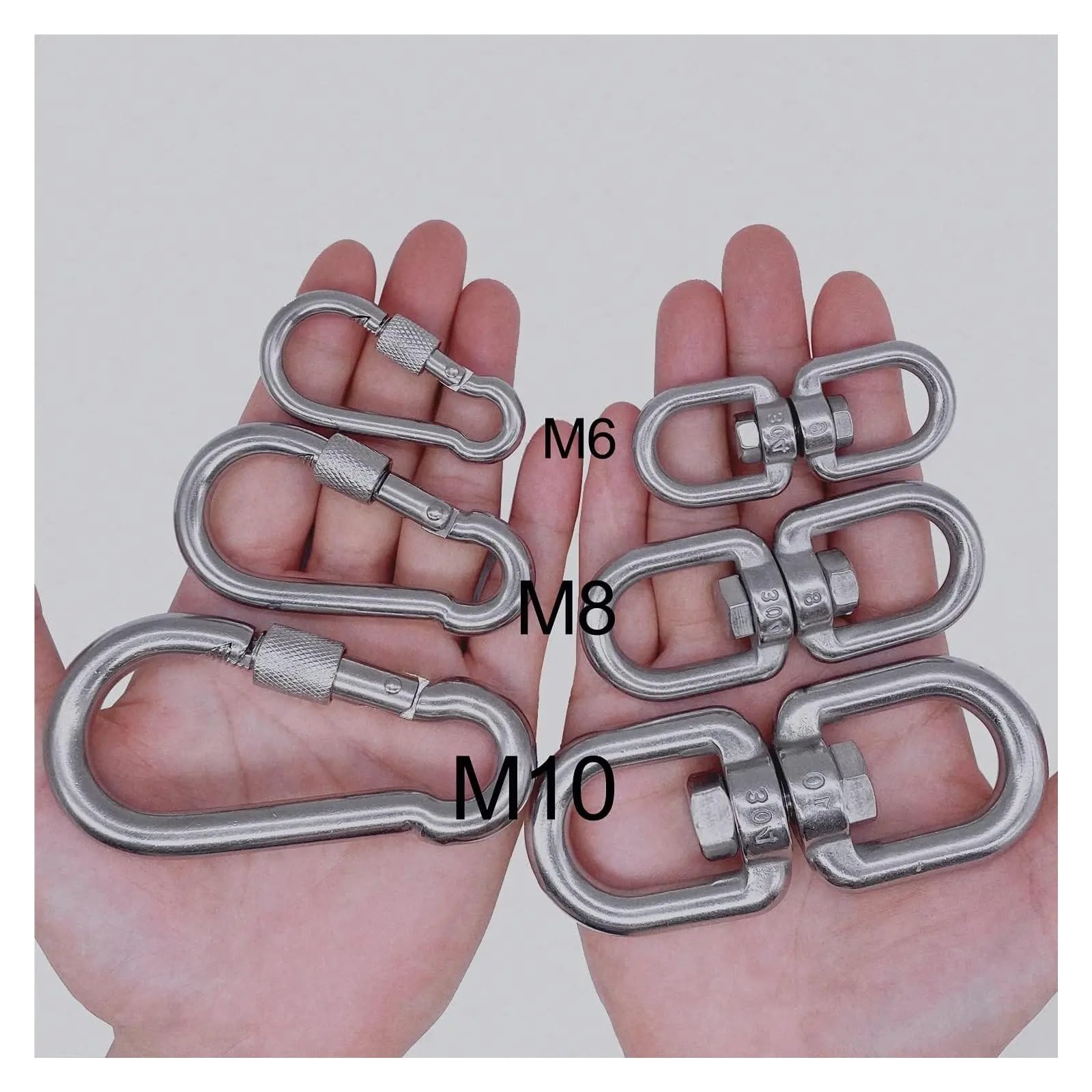 Gancho de ojo giratorio doble extremo acero inoxidable 304 y mosquetón seguridad gancho resorte conector anillo grillete Juego 3(M8)