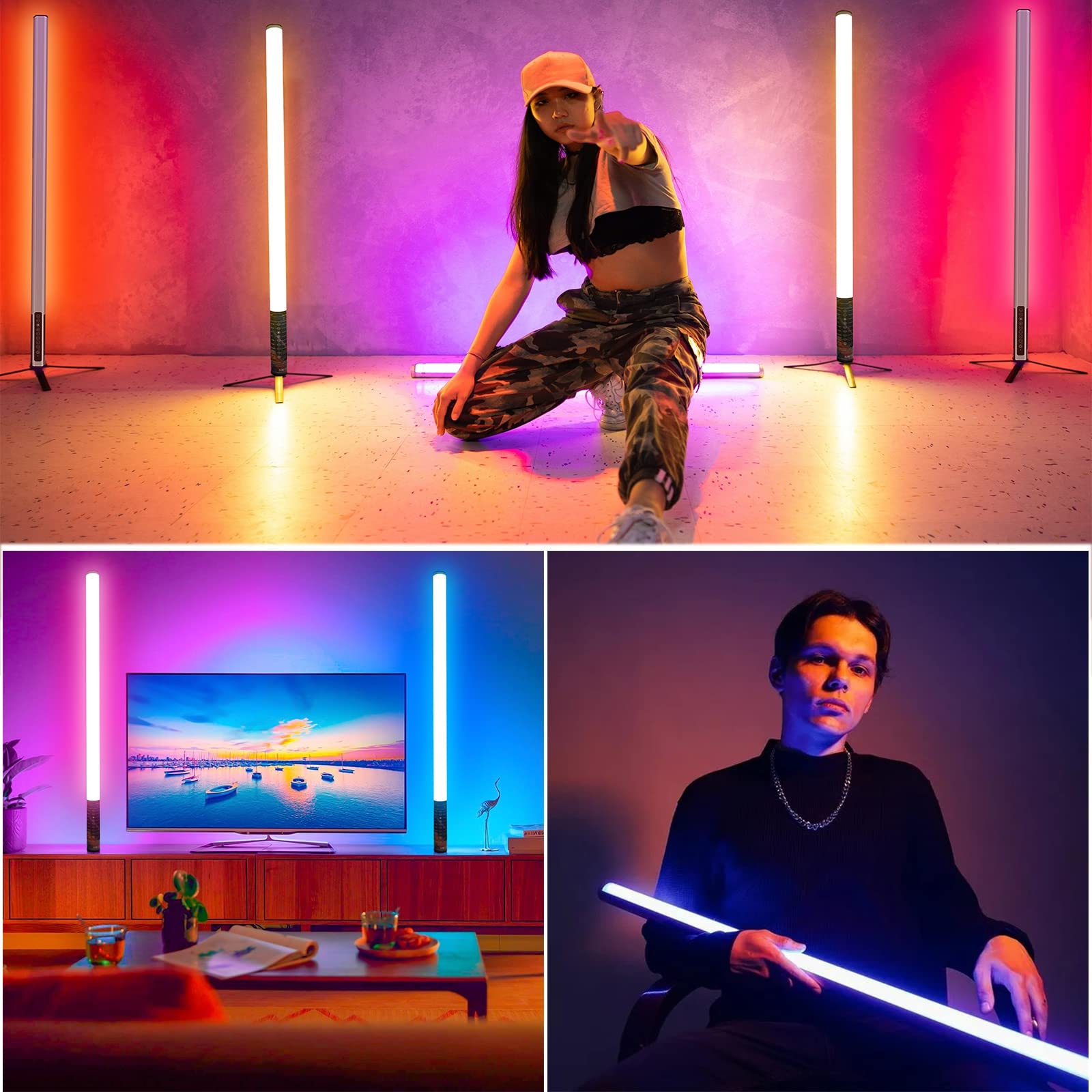 Lampe vidéo LED Portable avec trépied, 2 Pièces LUXCEO Barre lumineuse à tube RVB , intensité Variable et mémoire, Batterie intégrée 2000 mAh, Lampe Photo RVB pour DJ,Youtube, TikTok, Jeu en Streaming