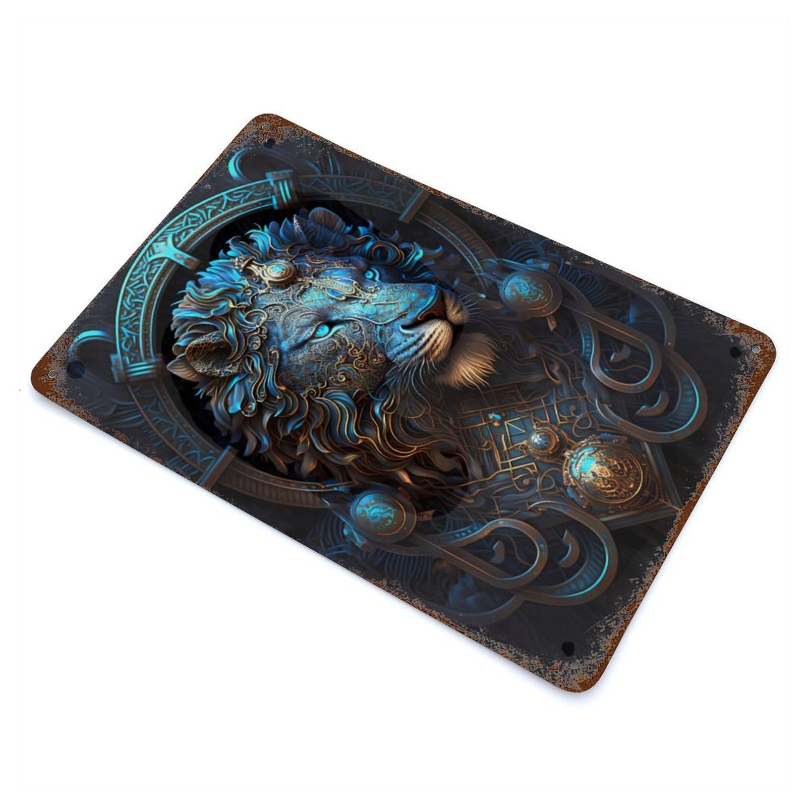 Garage Style Mystical Cosmic Blue Lion Rusty Metal Tin Sign 11.8"x7.9", Novelty Wall Decor for Bar And Workshop