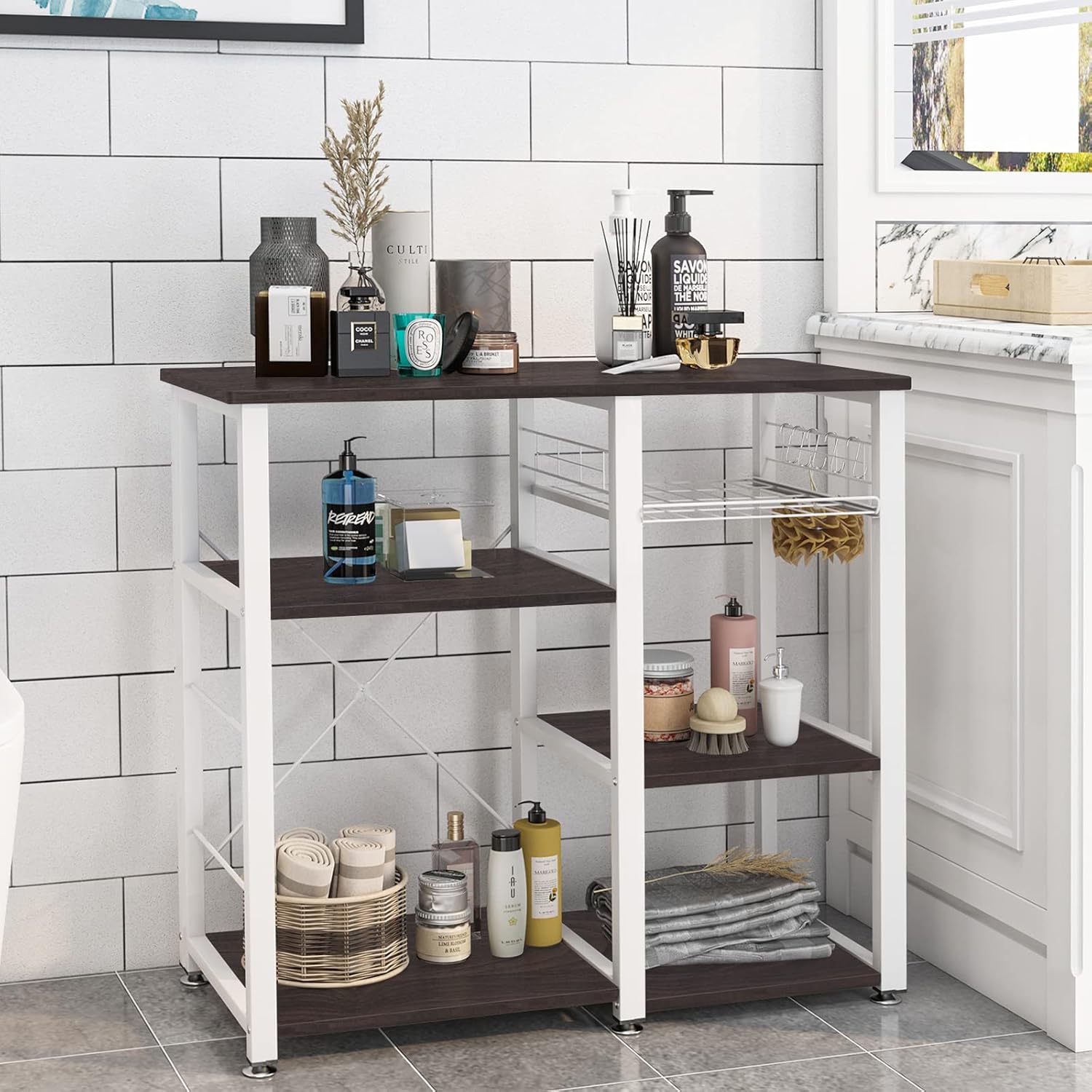 soges Microwave Cart Stand, Multi-Functional Kitchen Bakers Rack Utility, Kitchen Storage Cart Workstation Shelf for Baker, Rack, Spice Rack Organizer, Black
