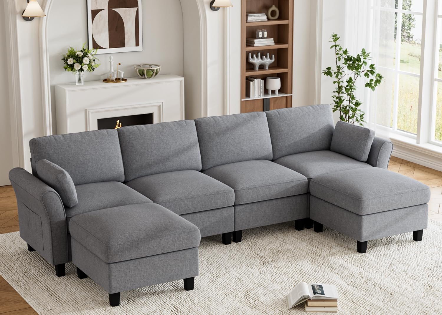 - Modular Sectional Sofa,6‑Seat Comfy U-Shaped Sectional Couch with Storage Space and Chaise,Convertible Sectional Couches for Living Room,Sofas Set with Curved Armrests,Dark Grey