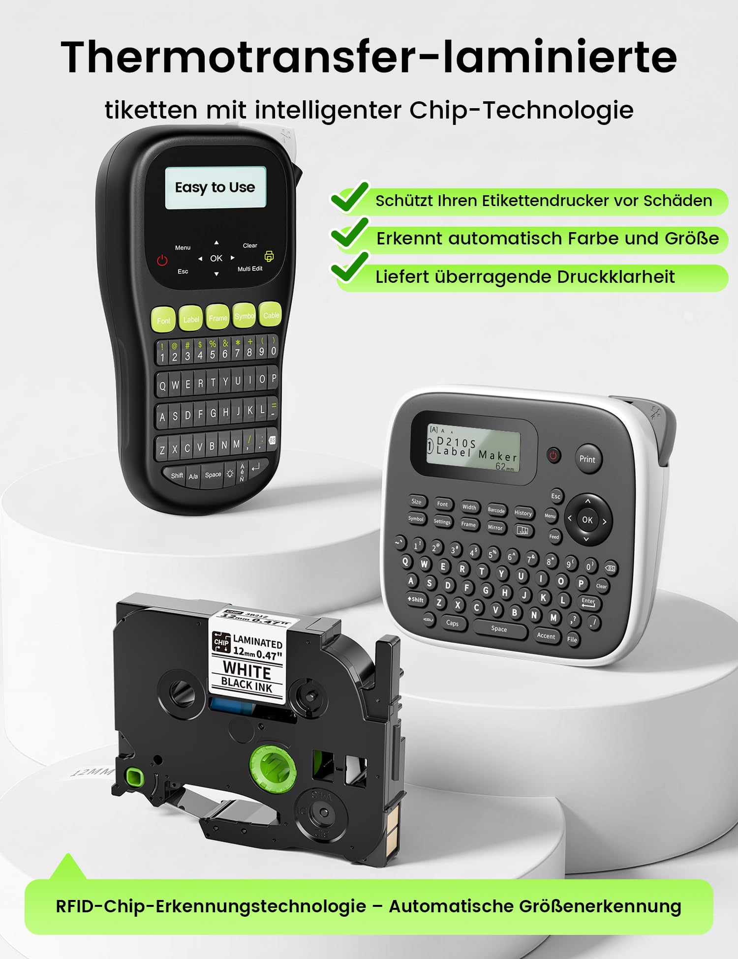 Beschriftungsgerät with 5PK Weiß Etikettenbänder, Handgerät Etikettiergerät mit QWERTZ Tastatur, LCD-Hintergrundbeleuchtung, 3 Kabelmodi, Laminierte Bänder, Tragbares Etikettendrucker für Kabel Büro