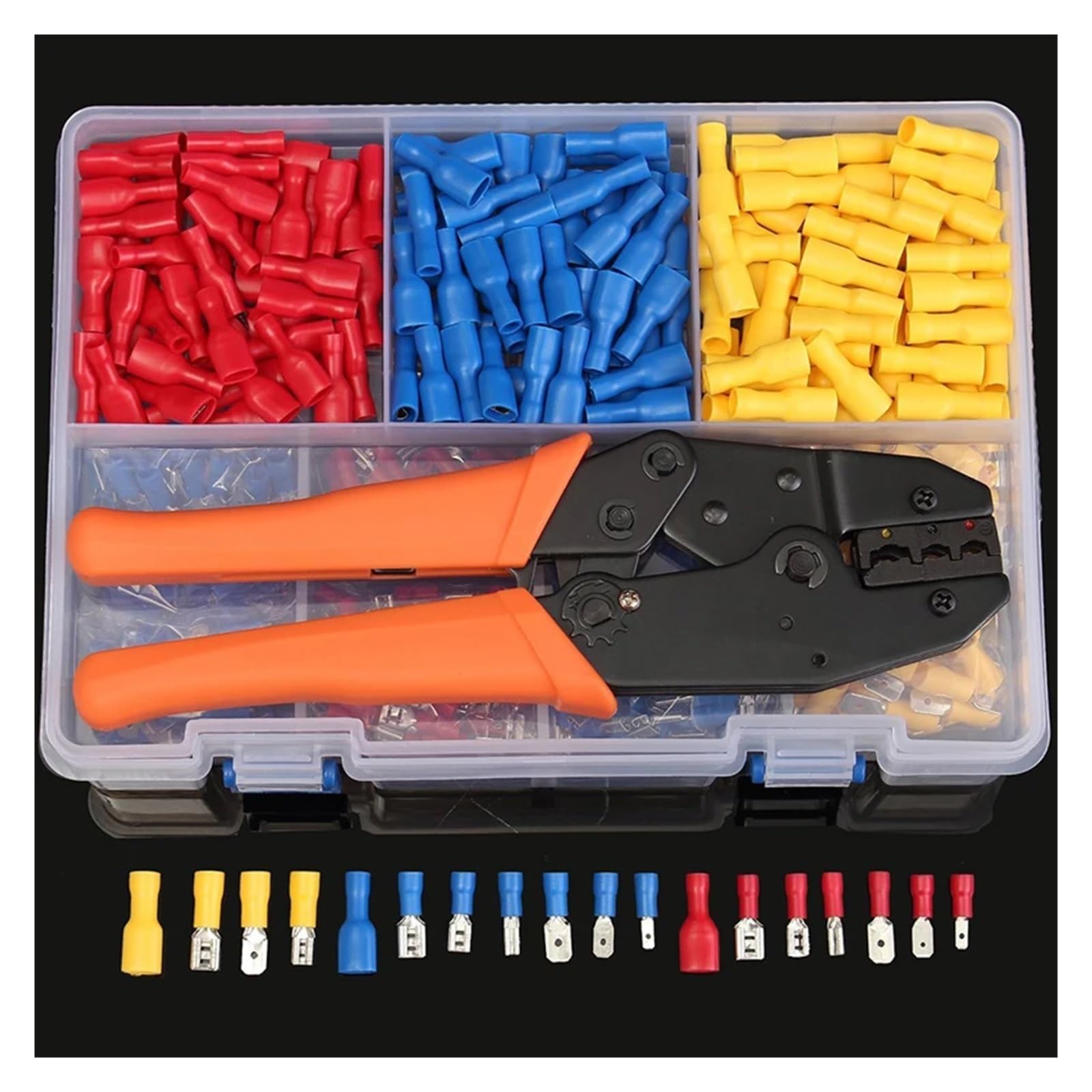 Kit de 900 conectores de pala macho/hembra aislados y 1 alicate de crimpado eléctrico de 22-10 AWG. Juego de herramientas manuales.
