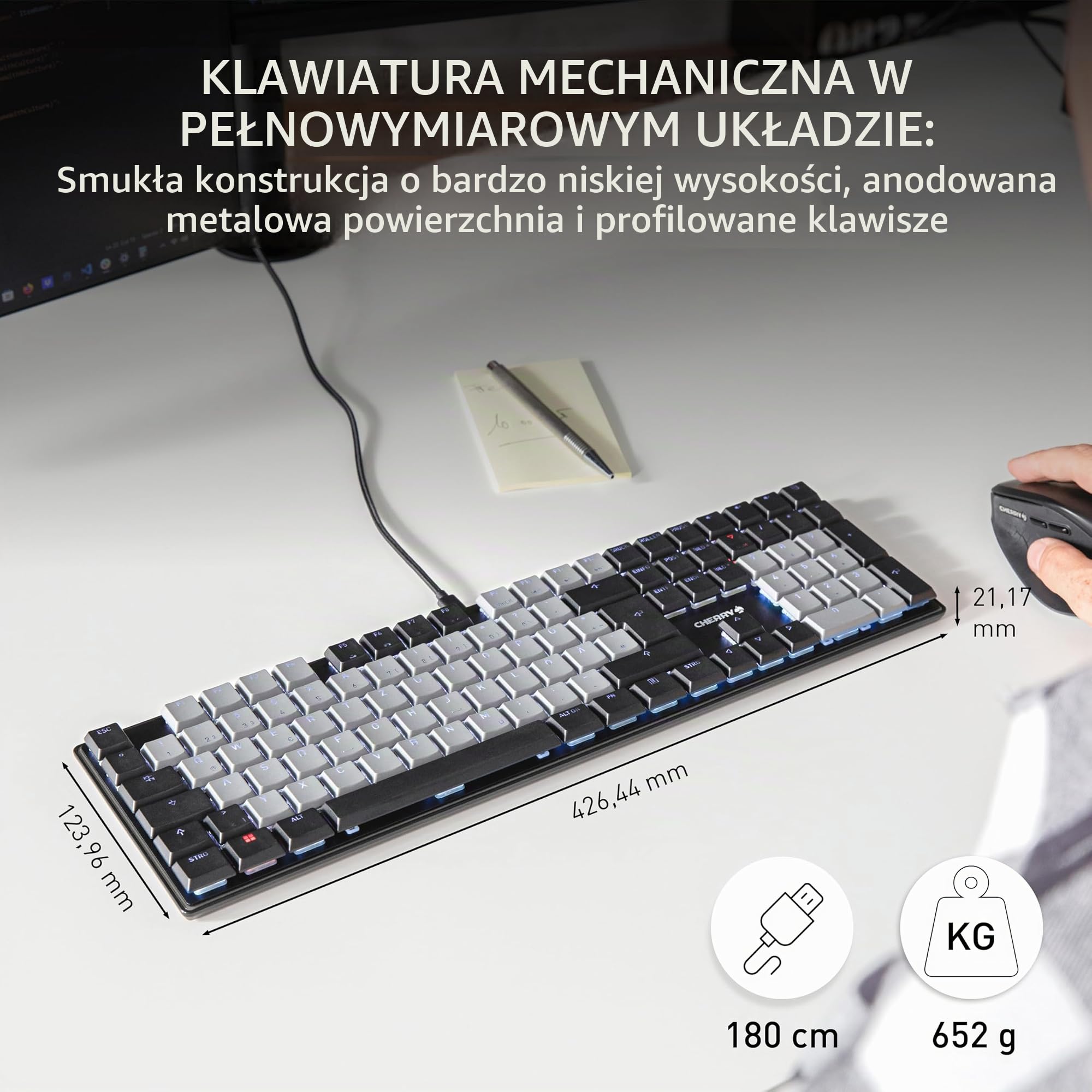 CHERRY KC 500 MX LP, Mechaniczna Klawiatura Niskoprofilowa, Układ Niemiecki (QWERTZ), Przewodowa (USB-A), Podświetlana, Przełączniki MX LP 2.0 IVORY, Czarny