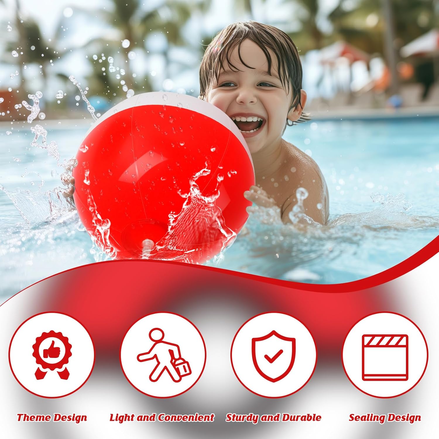 8PCS Beach Ball Set-12 Inch Vibrant Red & White -Themed Inflatable Balls for Kids' Cartoon Birthday Parties, Summer Pool Games, Animated Decorations, Bulk Party Favors,Beach-Themed Events