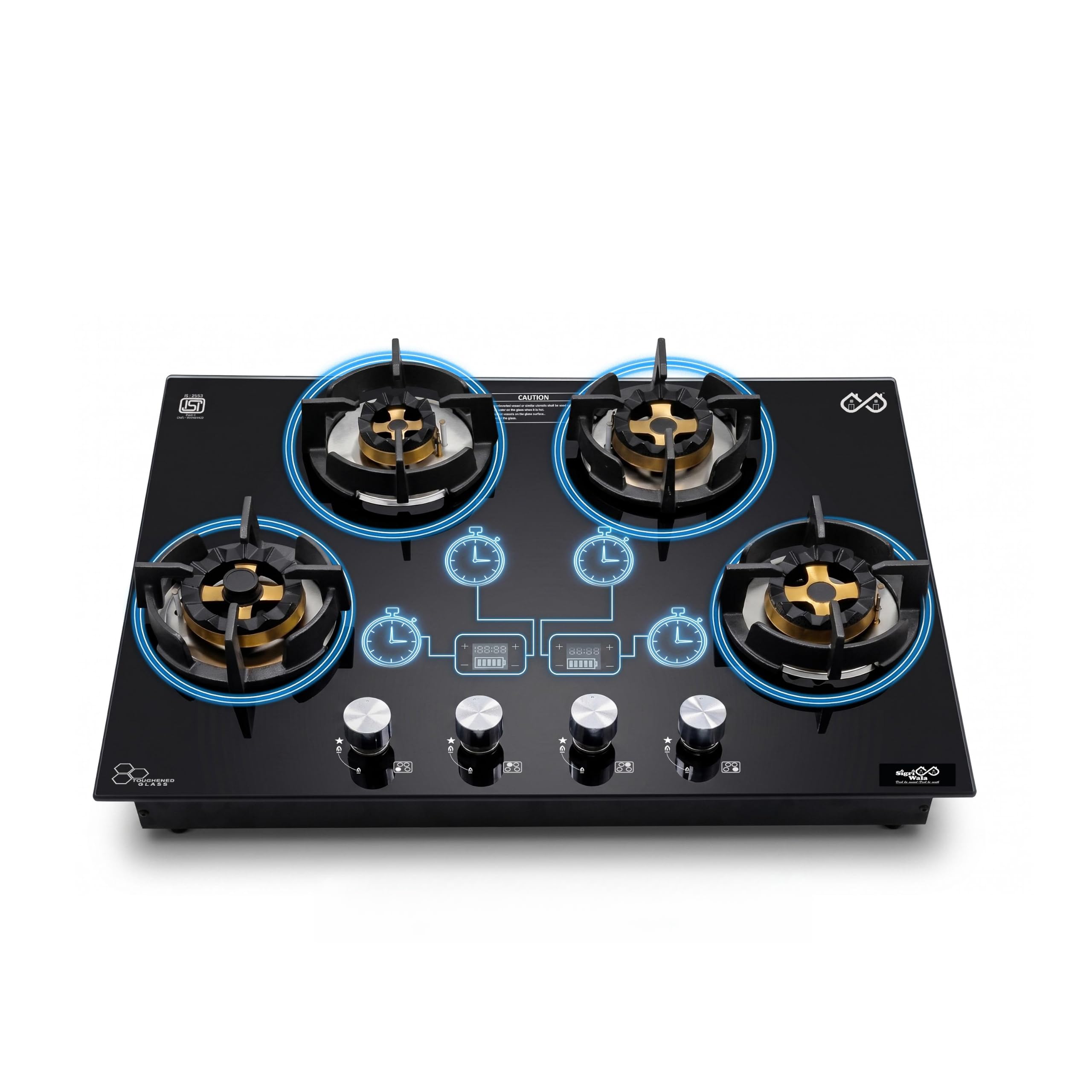 4 Burner Atmos Built in Hob Gas Stove with Smart Timer | 8mm Toughened Glass | Full Brass Burners | Auto Ignition | Flame Failure Safety Device | Cast Iron Pan Support | Black-picture-11