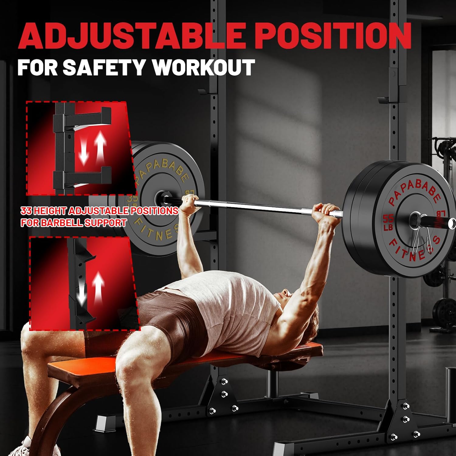 papababe Squat Rack with Pull Up Bar for Home Gym, Adjustable Power Cage with J-Hooks, 800LB Capacity Multi-Functional Bench Press Power Rack for 6FT, 7FT Barbell, Weight Lifting Rack