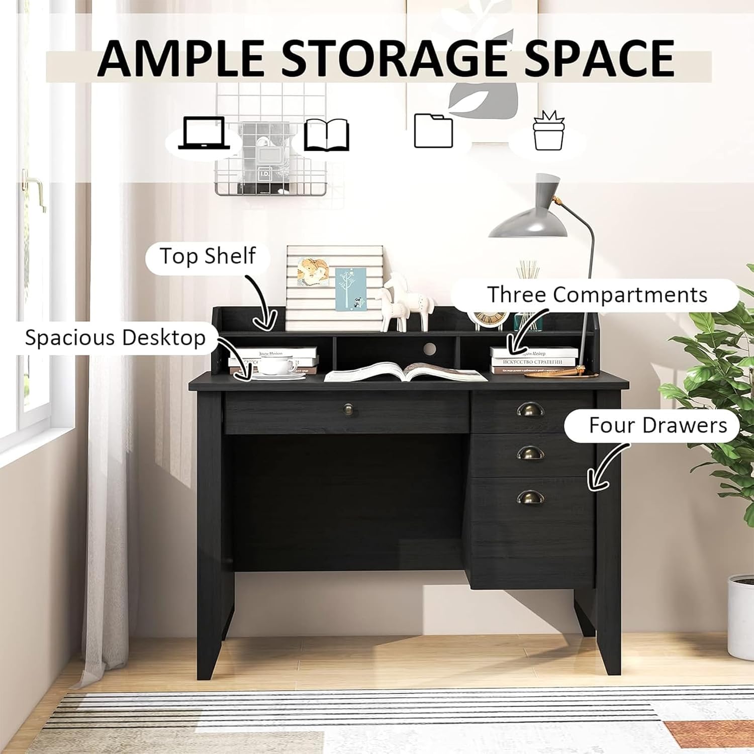 GOFLAME 48” Computer Desk with Hutch, Vintage Home Office Desk with Storage Drawers & Shelves, Space Saving Laptop PC Table, Wooden Study Writing Workstation, Black