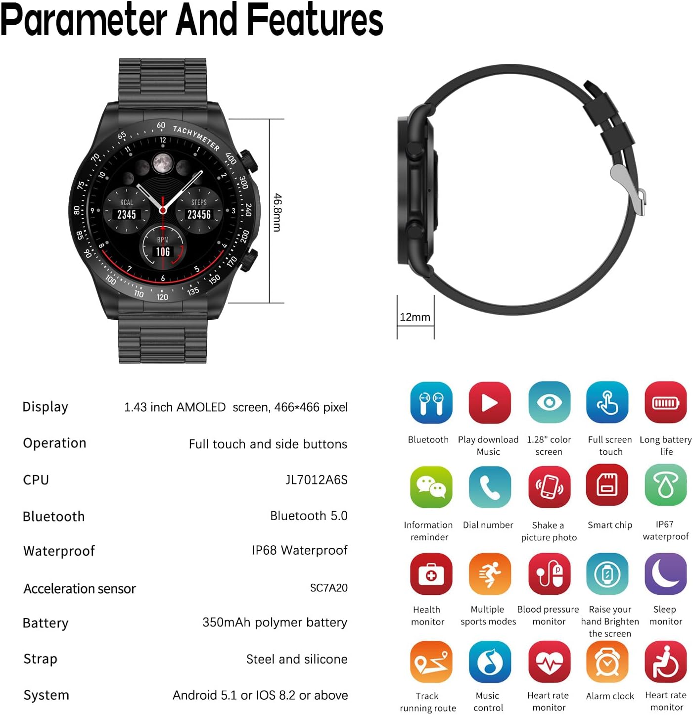 Men's Smartwatch 1.43 AMOLED HD Screen Bluetooth Calling Activity Tracker Heart Rate Monitor IP68 Waterproof Compatible Android and iOS, Sports and Fitness Watch (Present Silicone Band) (Full Black)