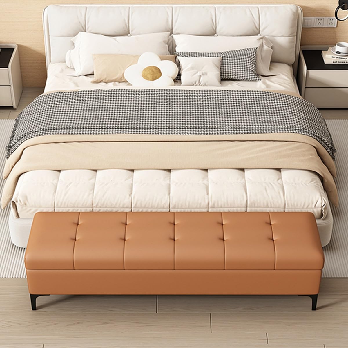 Slish Sto Bank aus Leder, gepolstert, 80 cm, Ottomane, Fußstütze für Schlafzimmer und Eingangsbereich, Schuhregal mit Stahlbeinen und getuftetem Design, Schwarz