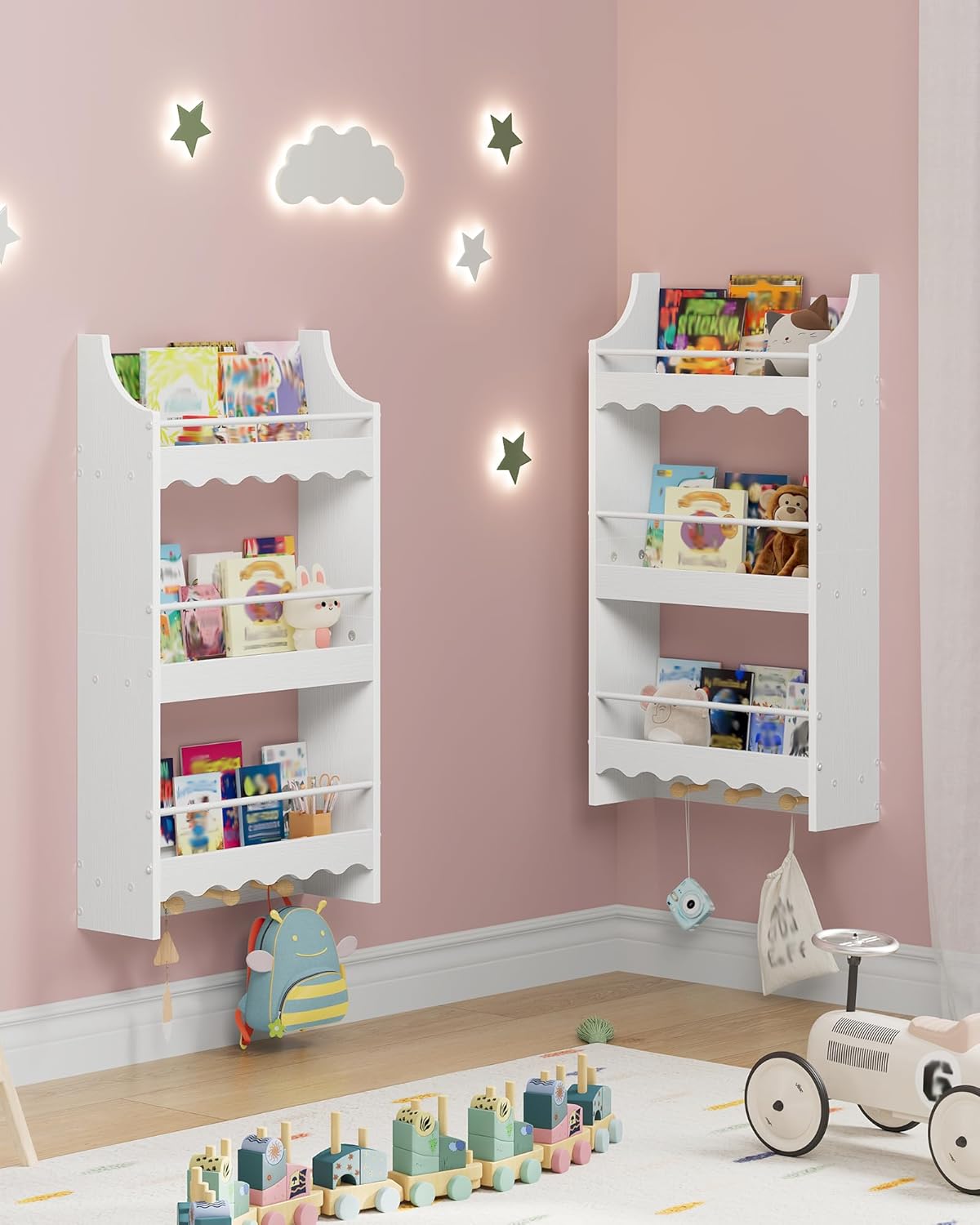 Wall Bookshelf for Kids, 3-Tier Kids Bookshelf for Wall, Floating Book Shelves with 3 Hooks & Guardrails, for Kids' Room, Living Room, Nursery, White and Natural MCW43WB