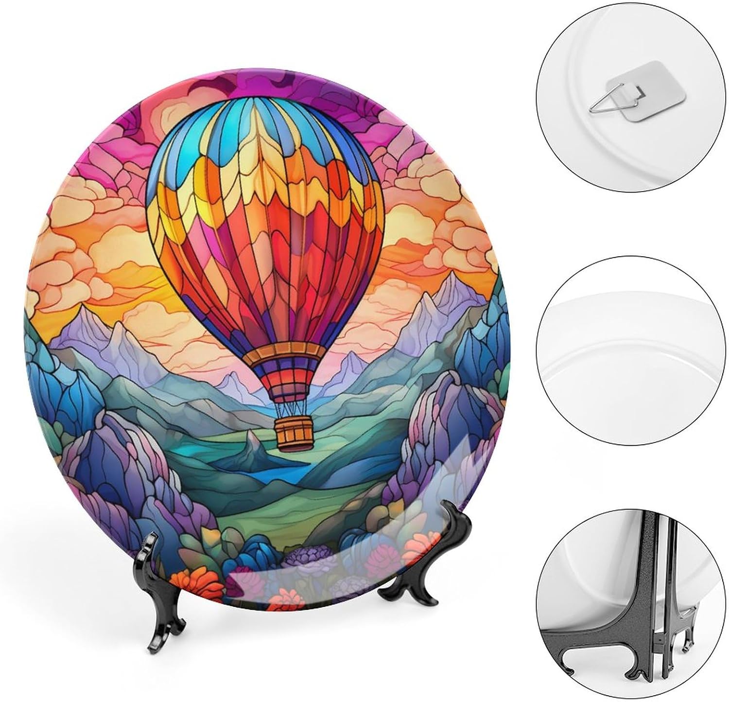 Decorative Plates, Bright Color Hot Air Balloon Stained Glass Painting Ceramic Dinner Plate w/Display Stand, Wall Hanging Decor for Kitchen Household 8 Inch, Gifts for Hot Air Balloon Lovers image 4