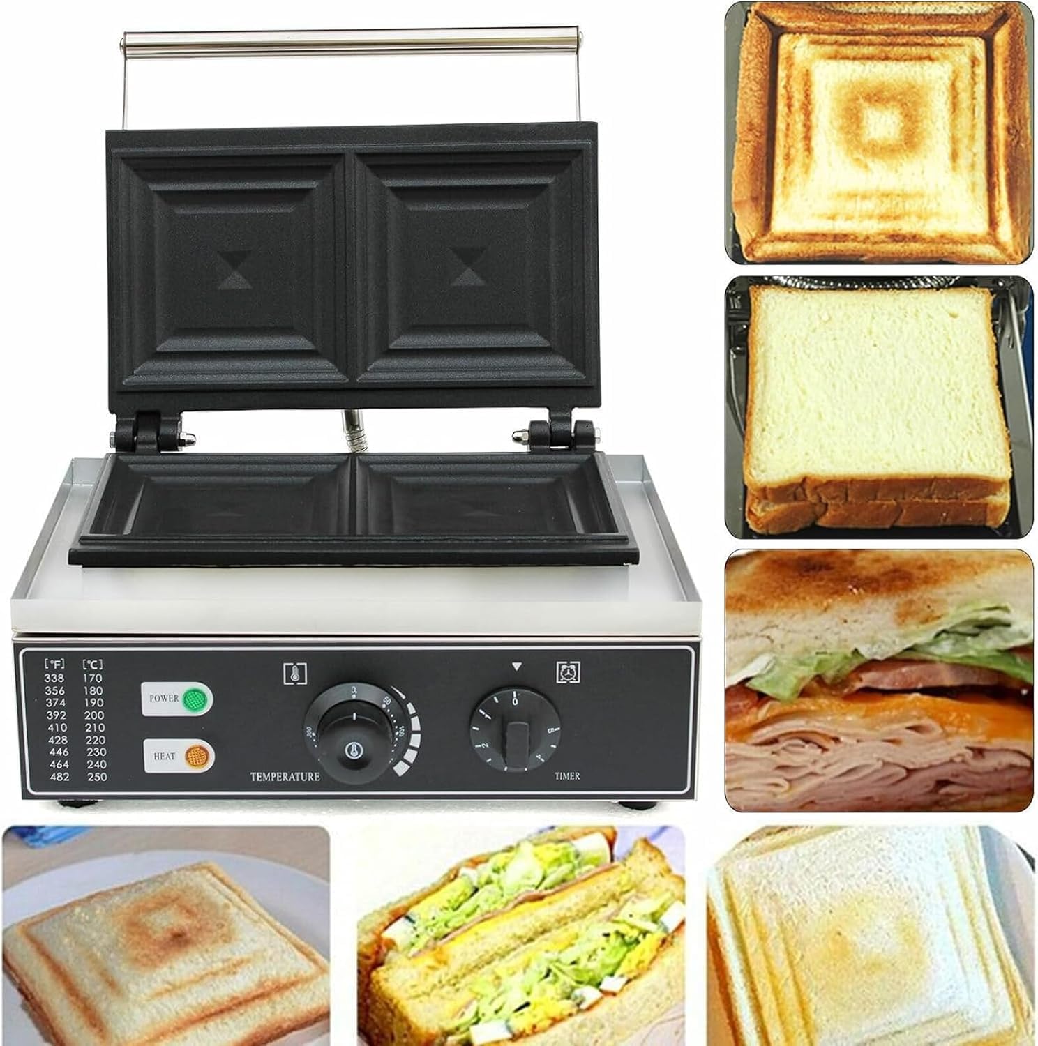 Sprzęt do grillowania kanapek do użytku komercyjnego, termostat i timer z ręczną regulacją, do panini, burgerów, kanapek i innych dań