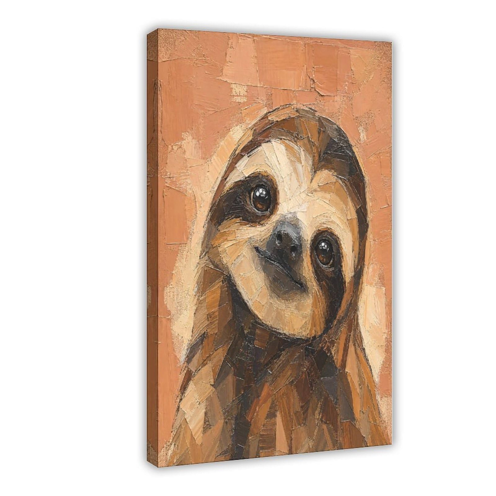 W7c8u2x3 Frame-Style Sloth Portrait Canvas Wall Art, Warm Geometric Dorm Decor
