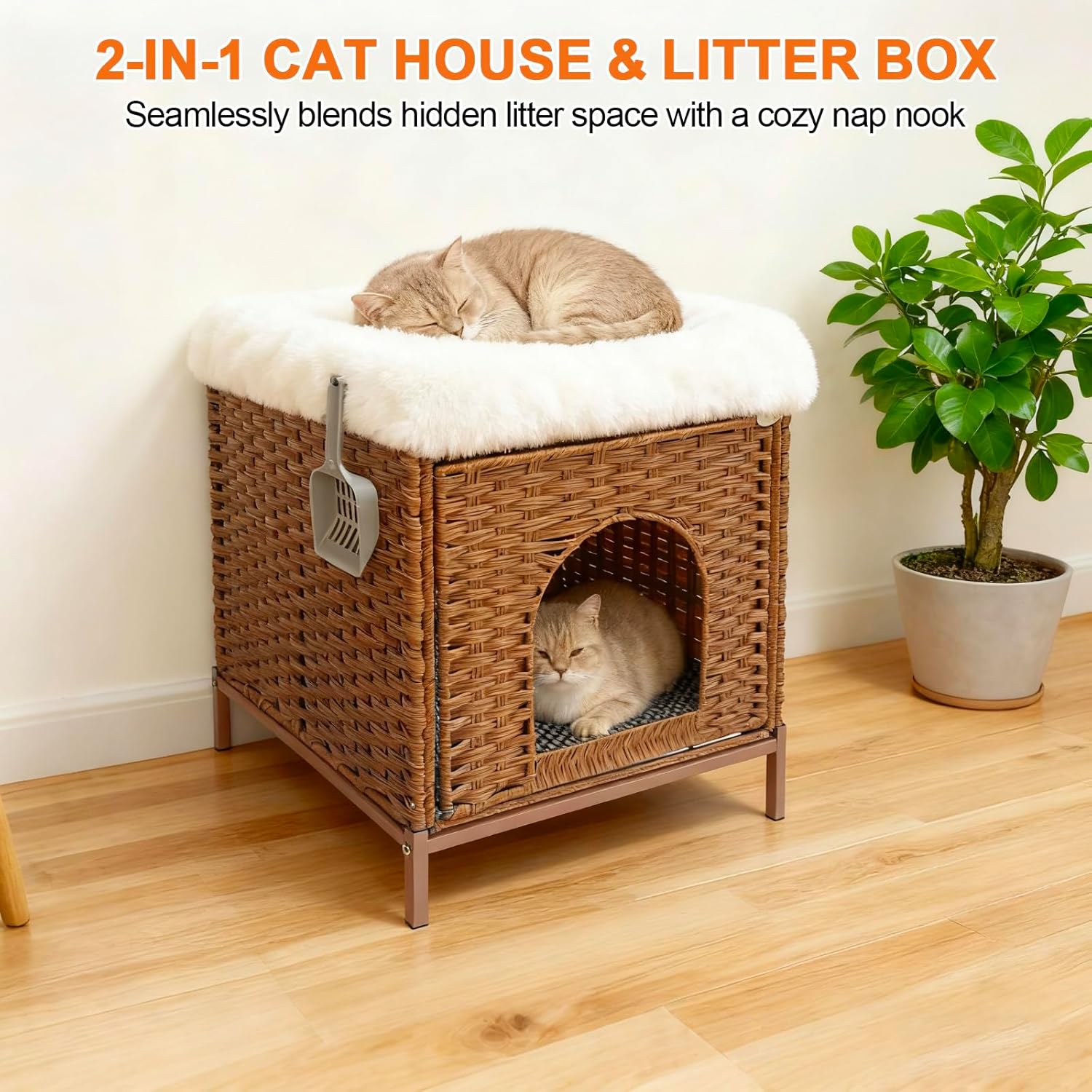 Homegroove Cat Beds for Indoor Cats, 18.5x20.5x19.1 inch Large Cat Bed Cave Cat Hideaway with Soft Litter Mat, Comfortable Handwoven Rattan Cat House Indoor for Living Room, Bedroom (Walnut)