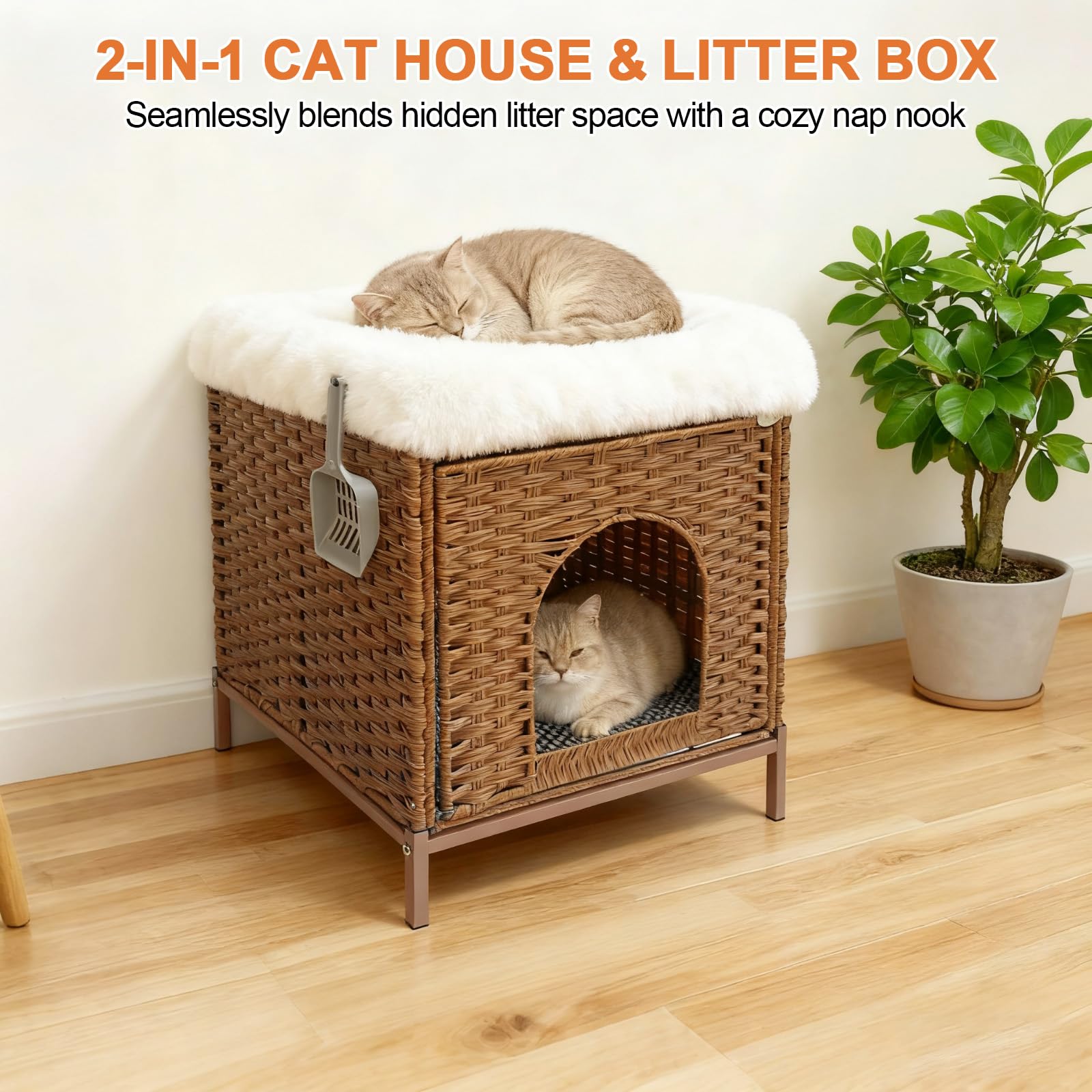 Homegroove Lettiera per gatti nascosta, con tappetino morbido e recinzione, comoda cuccia in rattan intrecciata a mano, con ganci a forma di S, per soggiorno, camera da letto (noce)