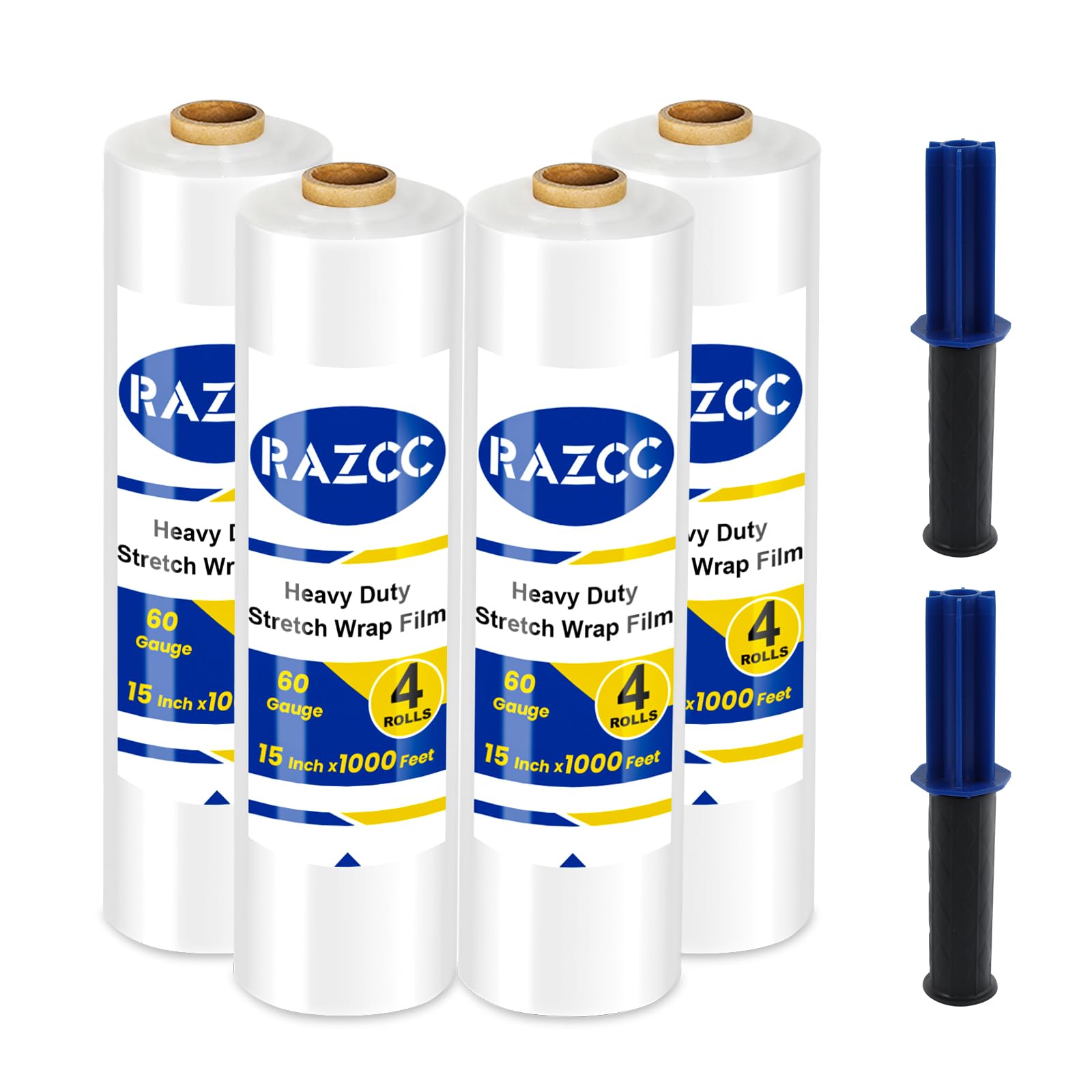 RAZCC Stretchfolie, Stretchfolie, industrielle Stärke, Schrumpffolie für Palettenfolie, robuste, transparente Kunststofffolie mit Griffen, bewegliche Verpackung, Kunststoffrolle, 38,1 cm x 300 m, 60