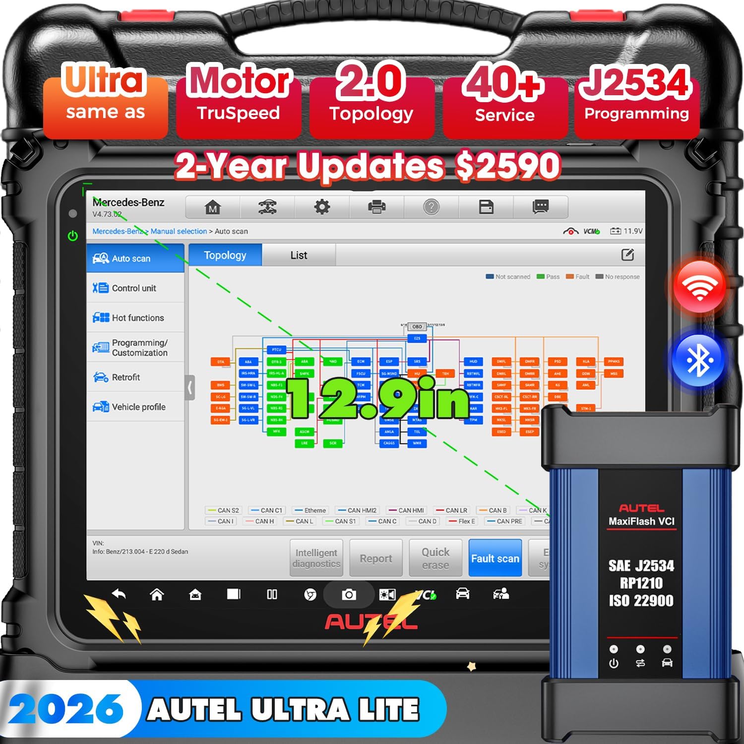 2026 Autel Scanner MaxiCOM Ultra Lite, 2-Year Update, Same as MaxiSys Ultra Up of MS919 MS909 Elite 2 Pro, Intelligent Topology 2.0, Motor TruSpeed, 40+ Reset, 3K+ Bidirectional Diagnostic Scan Tool