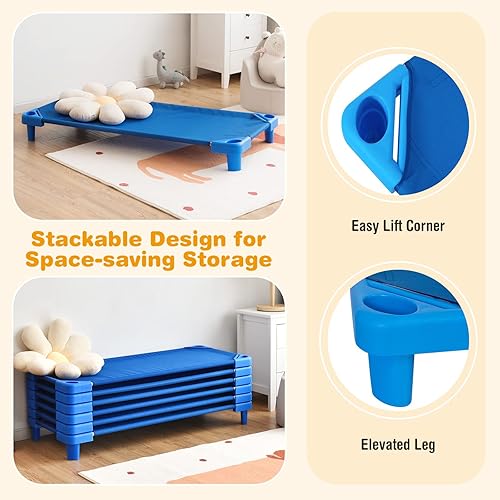 Miniatura 4 de HONEY JOY Catres de guardería para niños, paquete de 6, catres apilables de 52 pulgadas de largo para descansar, siesta, esquinas de fácil