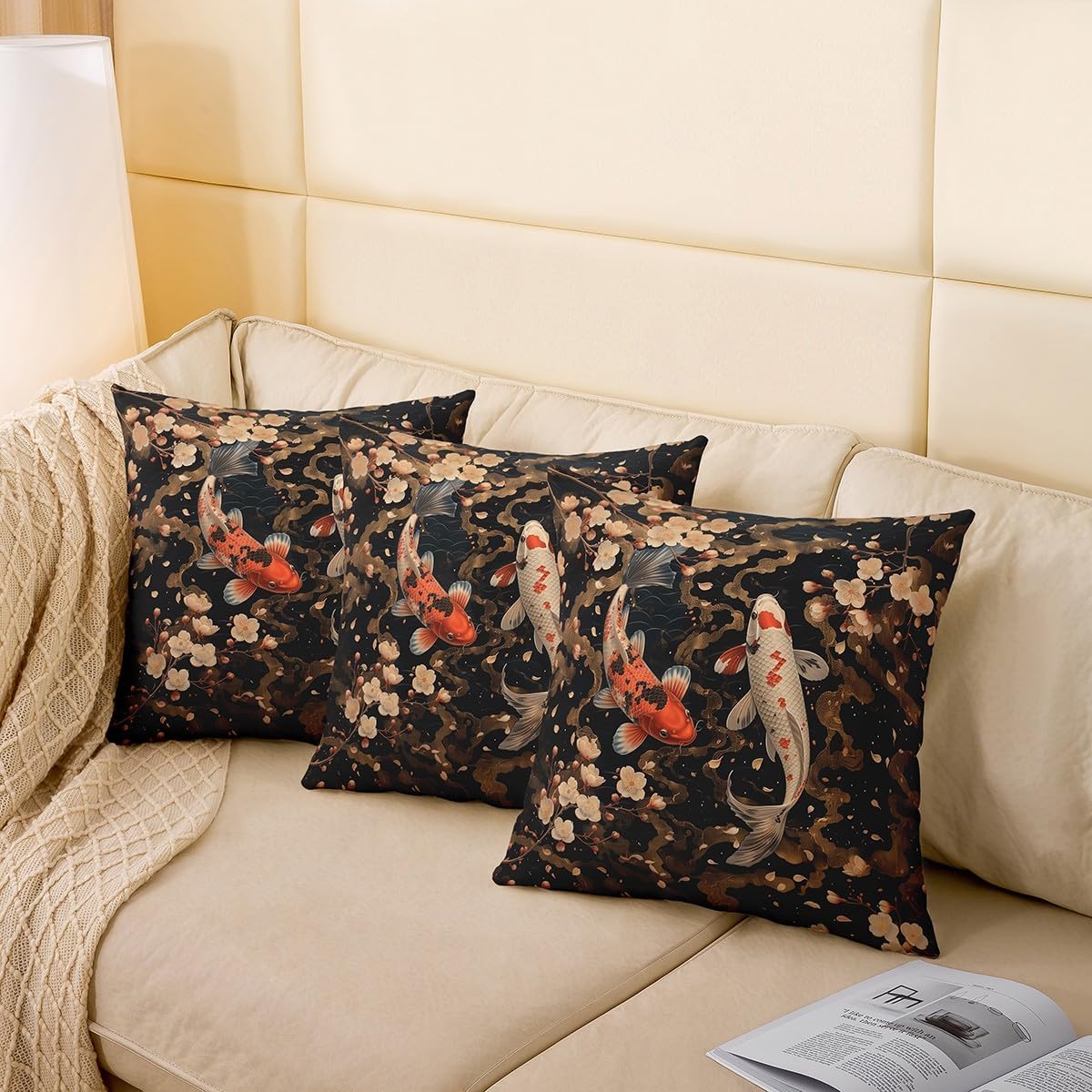 Erosebridal Koi Fish Throw Pillow Cover Cherry Blossom Pillow Cover 24X24 Apanese Style Ukiyoe Cushion Cover Oriental Exotic Carp Decorative Pillow Cover Vintage Retro Bedroom Decor